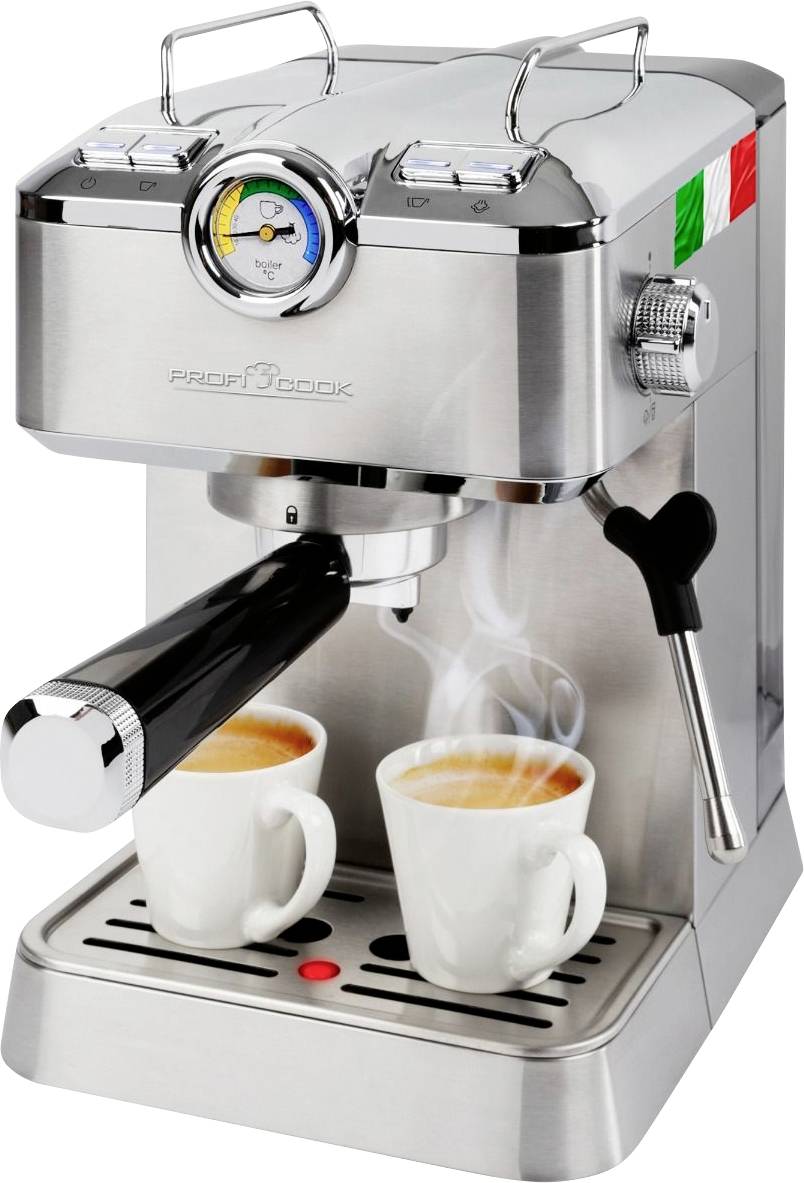 Machine à espresso en argent avec manomètre, deux tasses blanches sur le plateau égouttoir. Café fraîchement préparé, vapeur s'élevant.