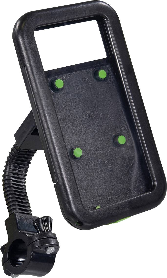 Support de smartphone noir avec col de cygne flexible et fixation sur guidon, adapté aux vélos et motos.
