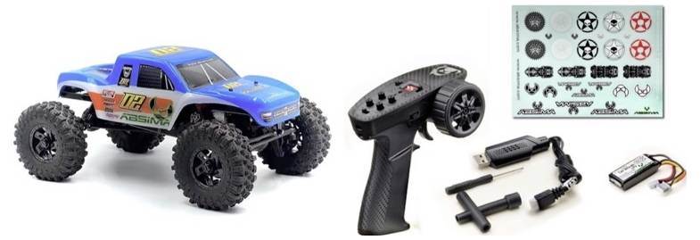 Ensemble de camion télécommandé, comprenant un camion bleu, une télécommande, un chargeur, des outils et des autocollants. Parfait pour les courses tout-terrain.