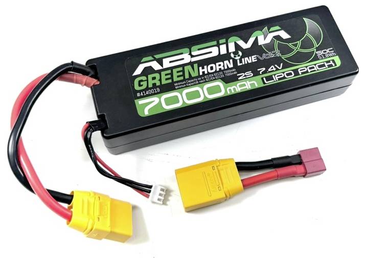 Batterie LiPo de 7000 mAh, 7,4V, emballage noir, câble de connexion jaune et rouge, nom de marque 'Absima' imprimé.