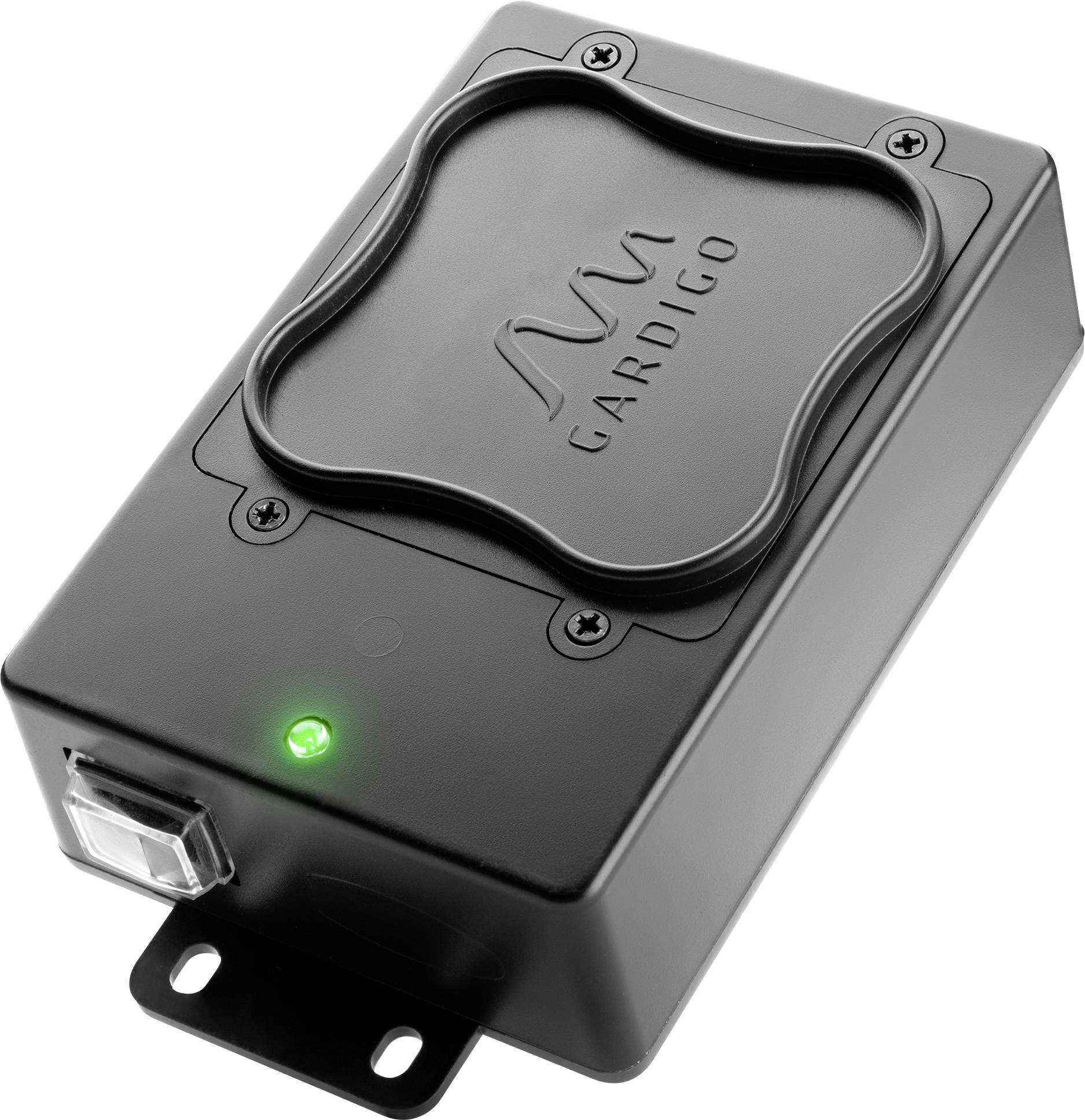 Appareil électronique noir avec un petit voyant vert sur l'avant et un boîtier portant un logo estampé sur le dessus.