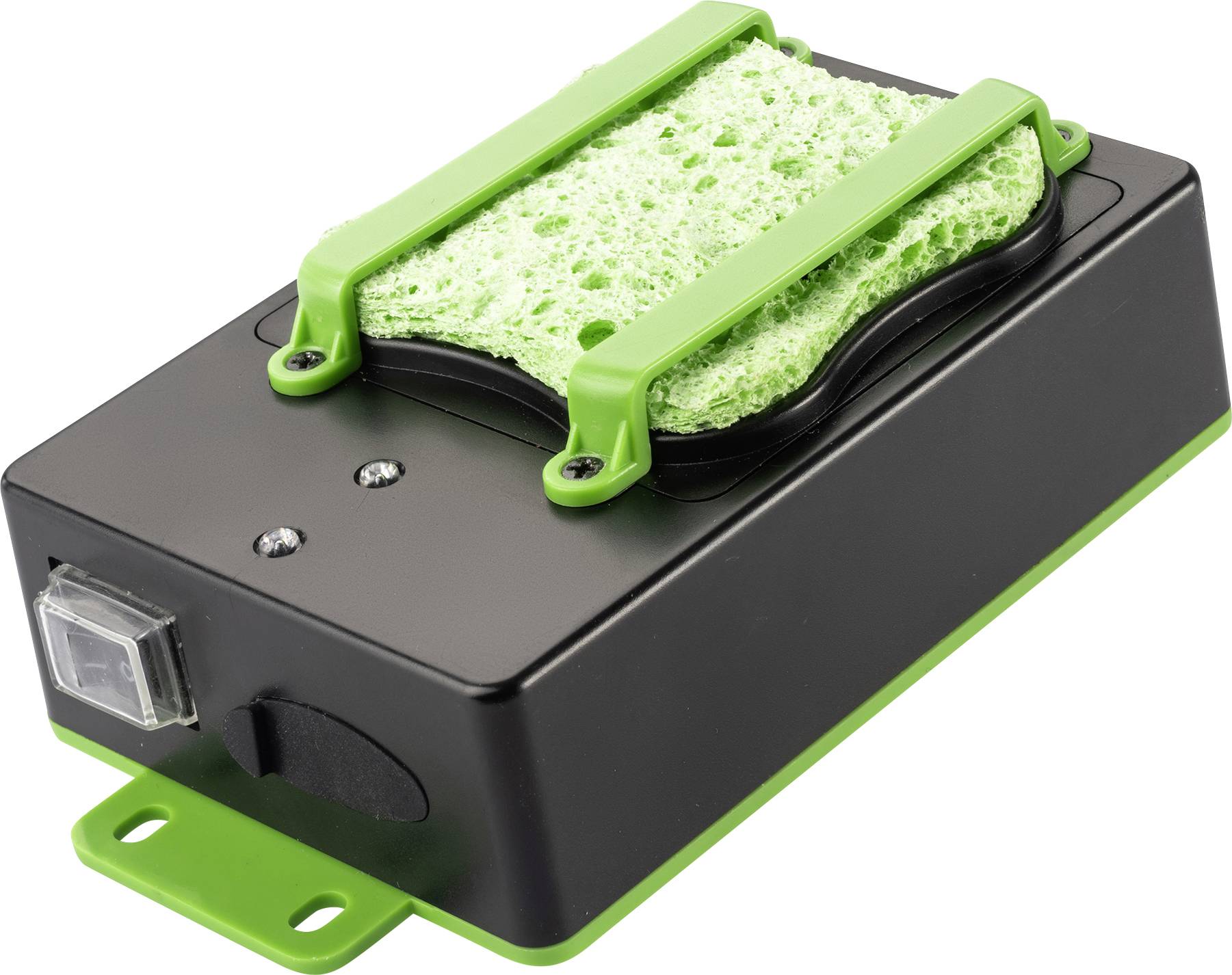 Récipient rectangulaire noir contenant un matériau vert à l'aspect spongieux ; semble probablement destiné au contrôle de l'humidité ou à la filtration.