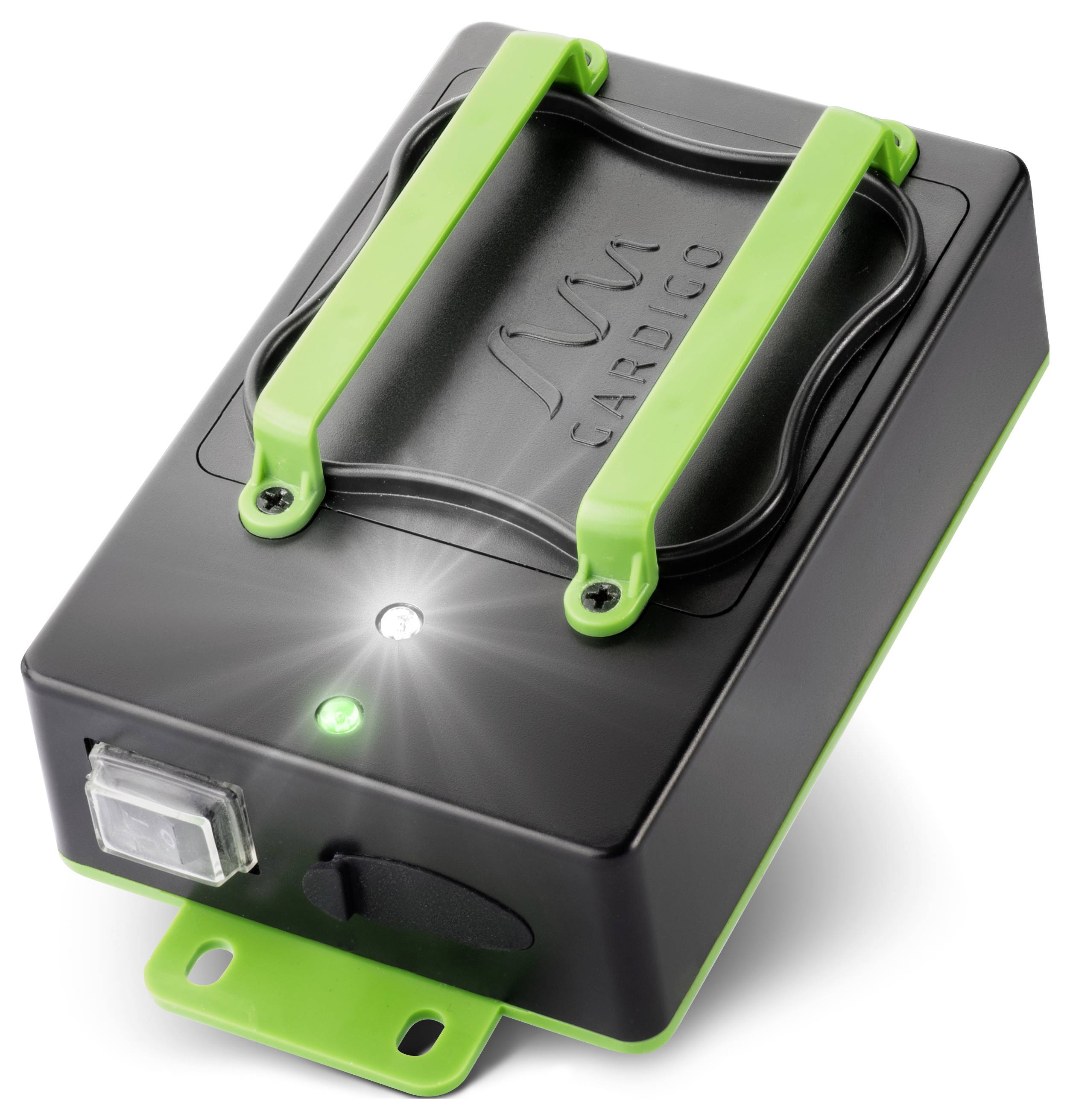 Un appareil électronique noir rectangulaire avec des supports verts et une lumière LED brillante à l'avant.