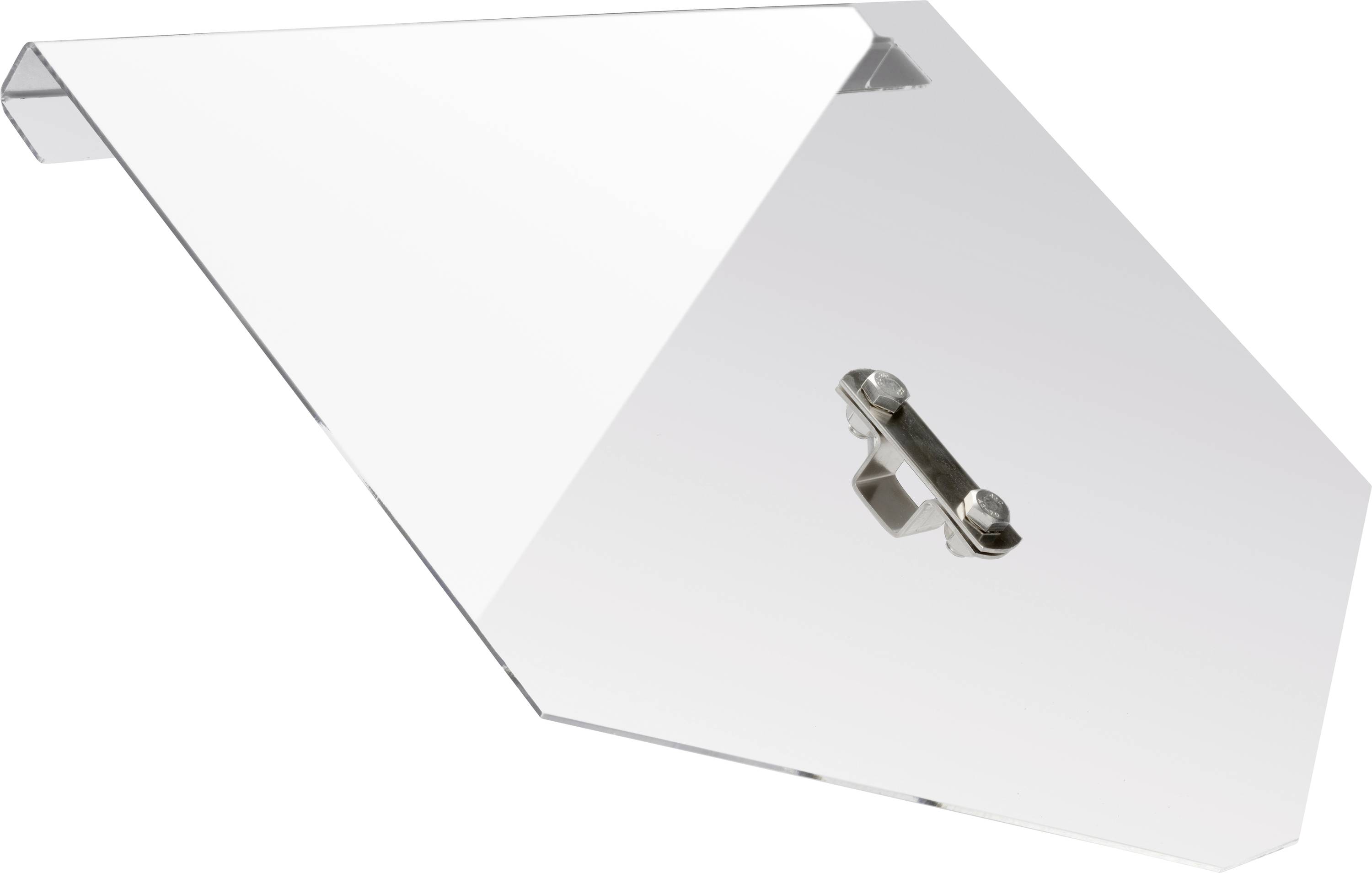 Un élément d'angle transparent avec un élément de fixation brillant au centre, probablement destiné à des applications architecturales.