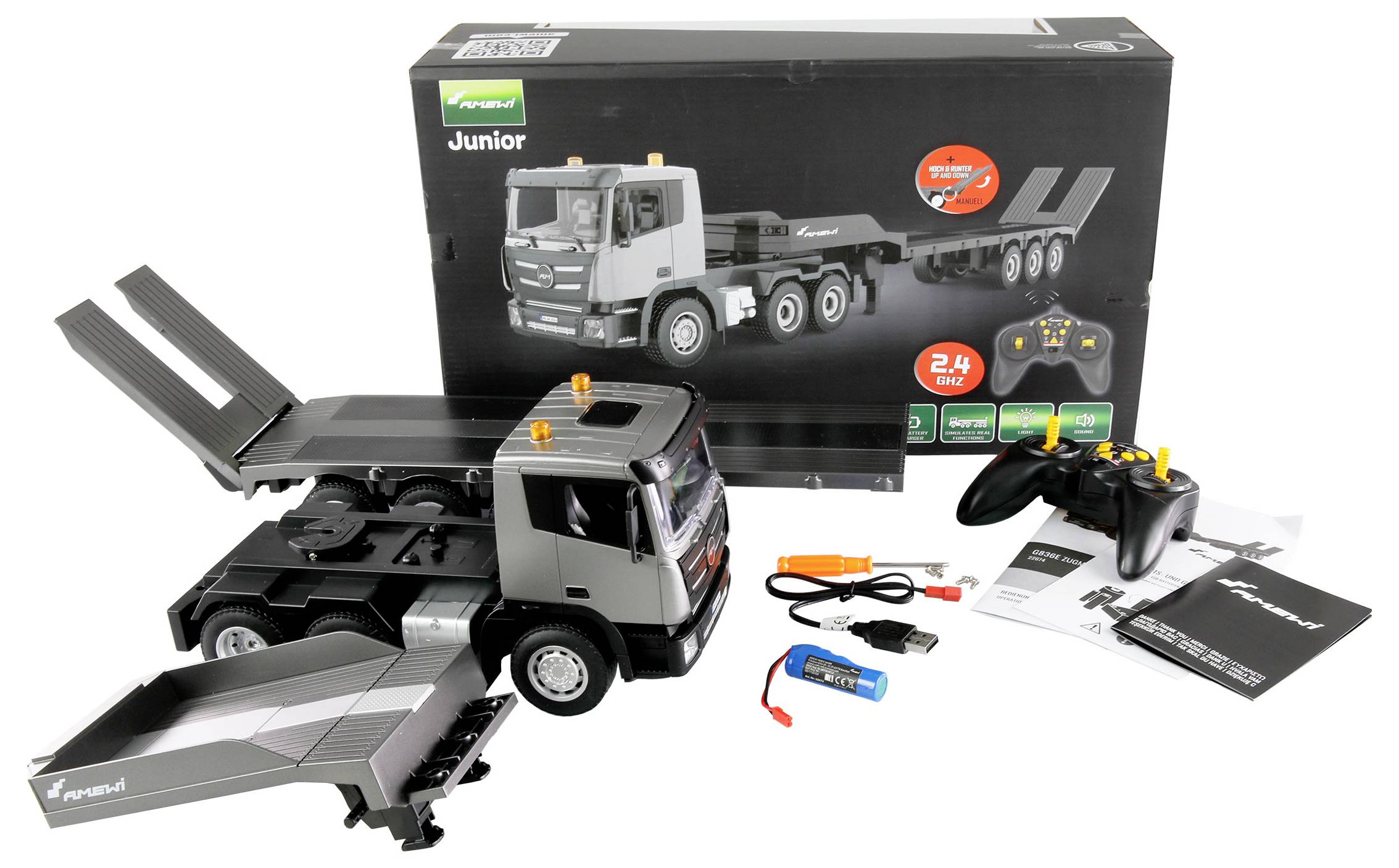 Camion télécommandé pour enfants, comprenant un chargeur, un manuel d'instructions et son emballage. Le camion dispose de surfaces de chargement basculantes, peut être piloté à distance et est adapté aux enfants.