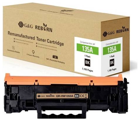 Cartouche de toner rechargée 'G&G Reborn', compatible avec HP 135A, encre noire, pour 1 100 pages, garantie de 3 ans. Emballage et cartouche illustrés.