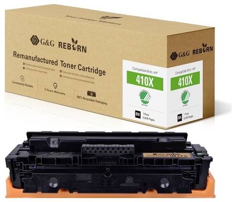 Cartouche de toner reconditionné, compatible avec HP 410X, en noir. L'emballage indique la garantie et les modèles d'imprimantes compatibles.