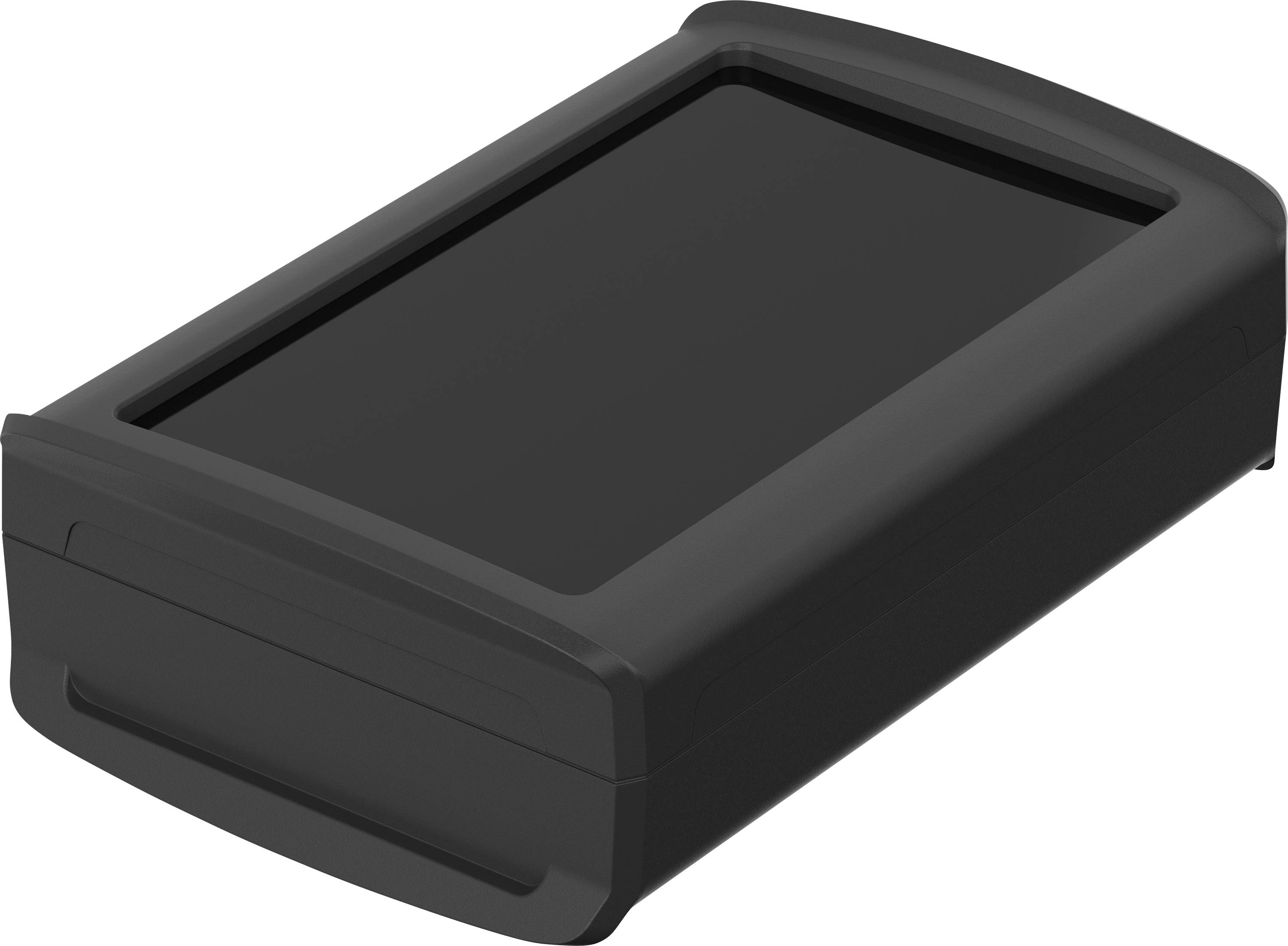 Boîtier en plastique noir, rectangulaire aux bords arrondis, probablement destiné à un appareil électronique ou à un accessoire.