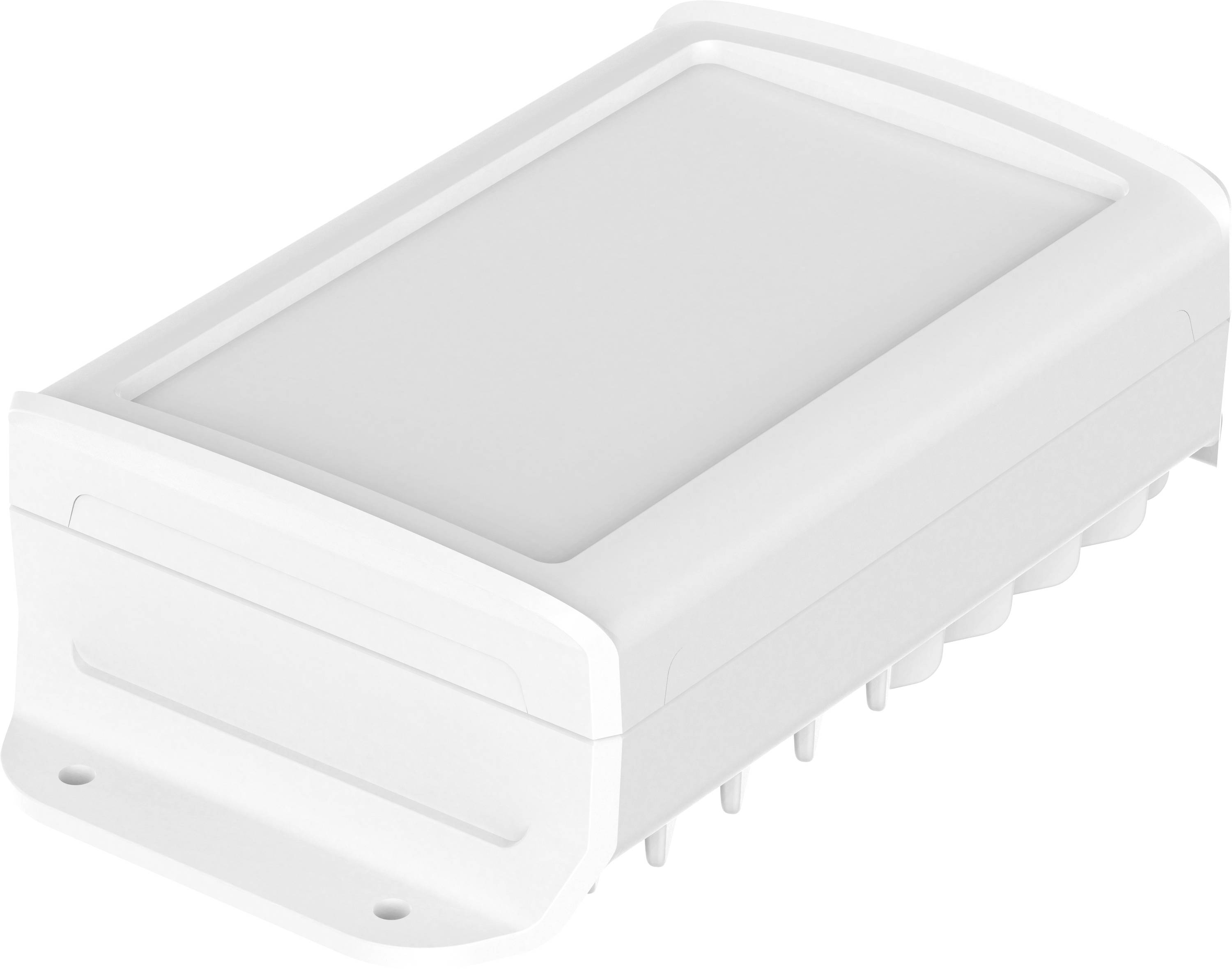 Couvercle rectangulaire blanc en plastique avec pattes de fixation montées.