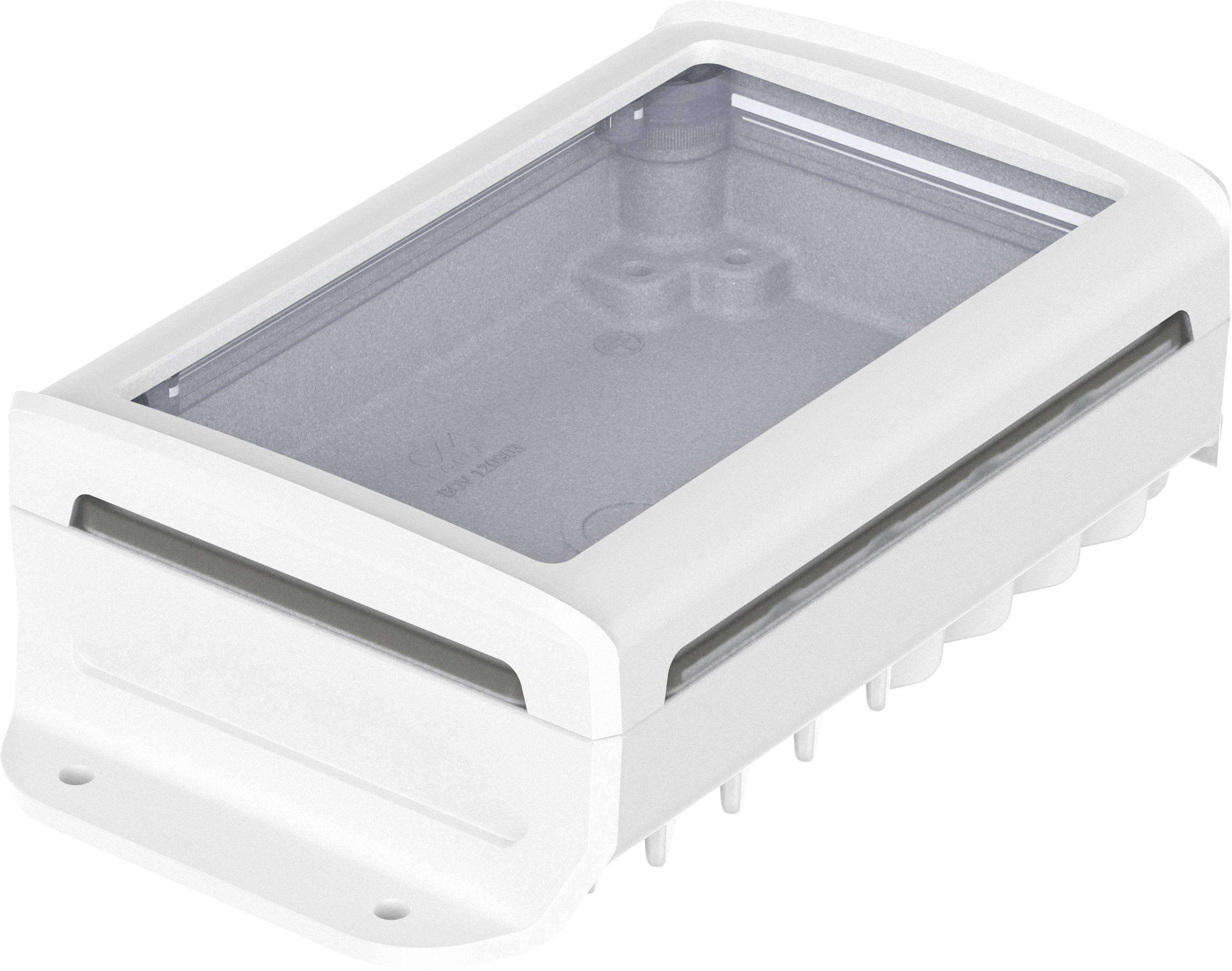 Un boîtier rectangulaire en plastique blanc avec un couvercle transparent. Il dispose d'ouvertures de montage sur les côtés.