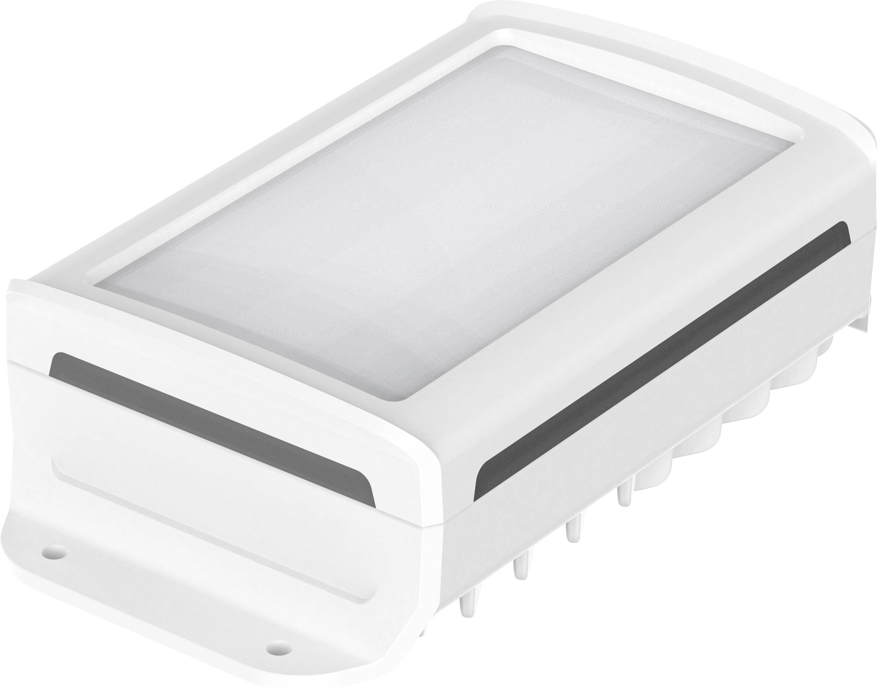 Un appareil électronique rectangulaire blanc avec un couvercle arrondi et des options de montage par vis sur sa face inférieure.