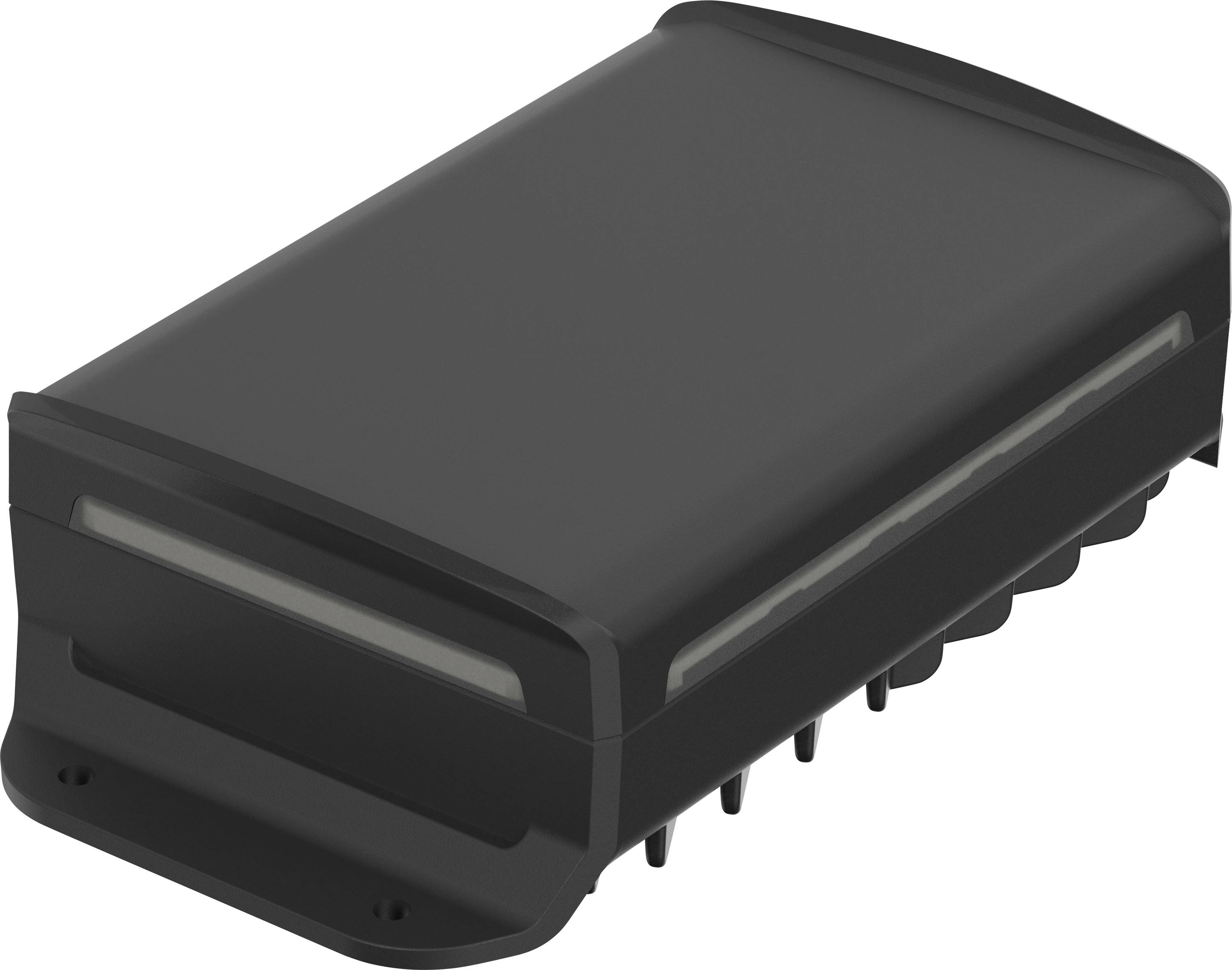 Appareil noir, rectangulaire avec des angles arrondis et un cadre. Il présente des bandes latérales qui pourraient être destinées à l'éclairage ou à la signalisation.