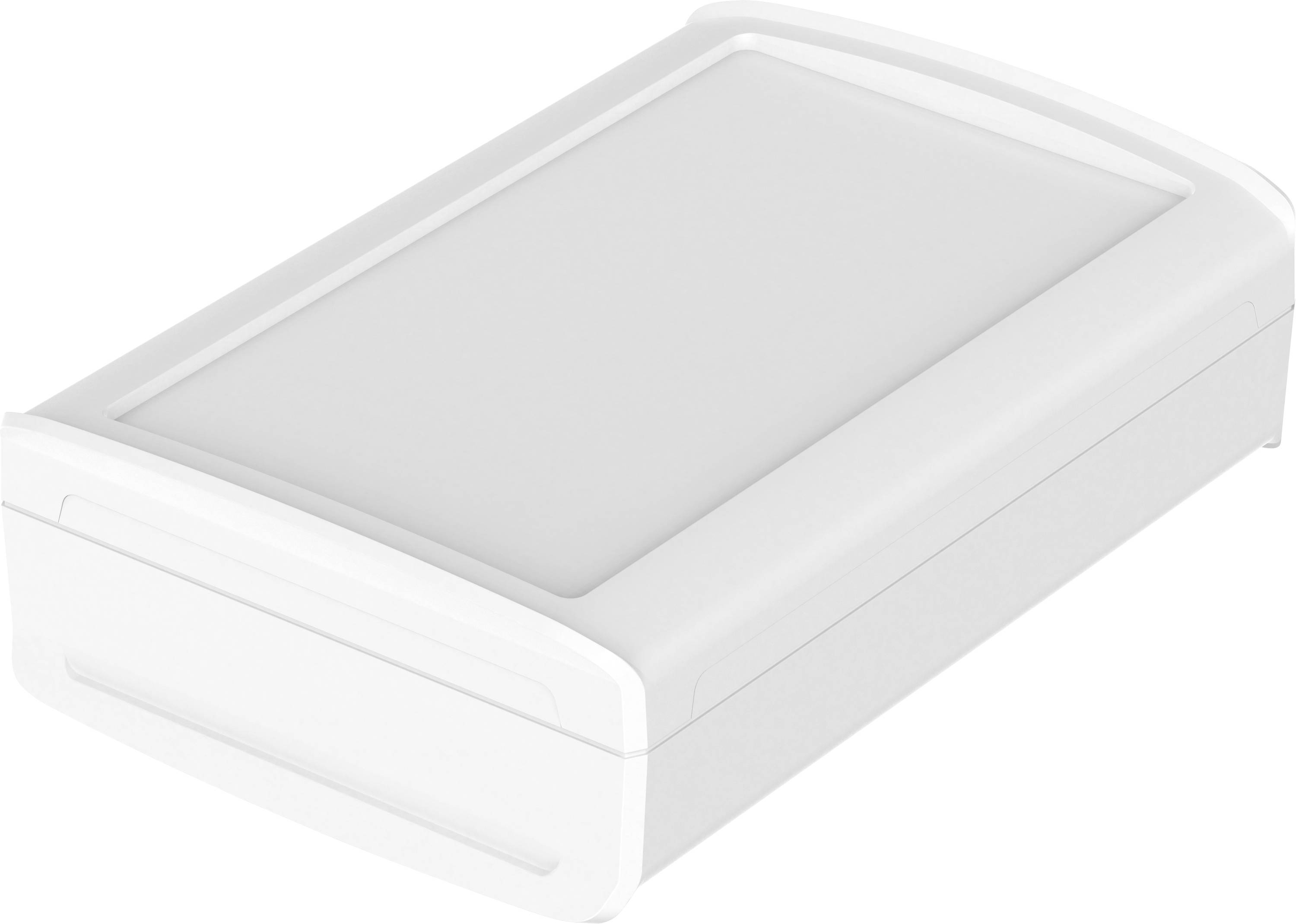 Une boîte en plastique blanc rectangulaire avec un couvercle amovible. Idéale pour ranger de petits objets dans la maison.