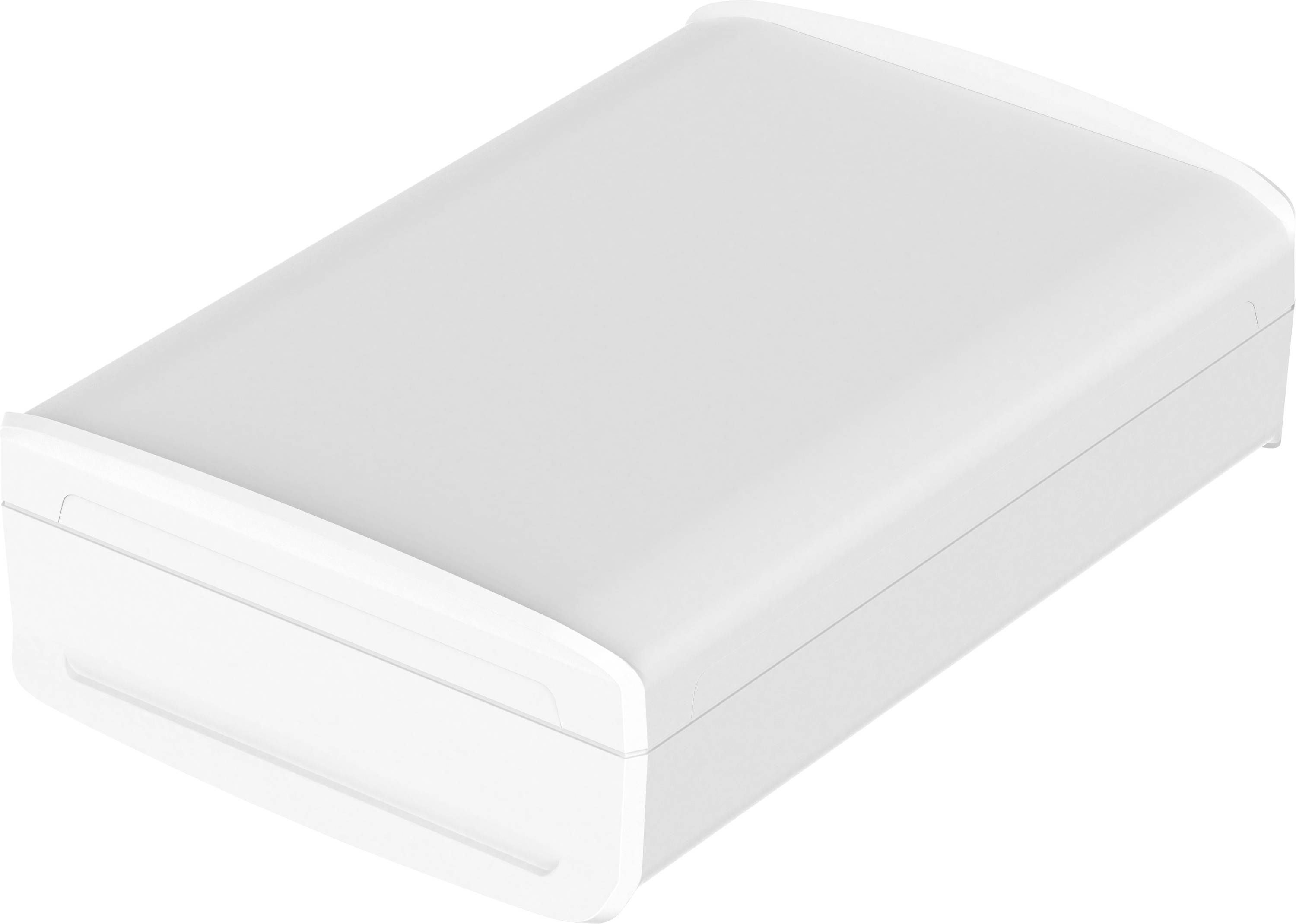 Boîte de rangement blanche rectangulaire aux coins arrondis, adaptée aux fournitures de bureau ou aux articles ménagers.