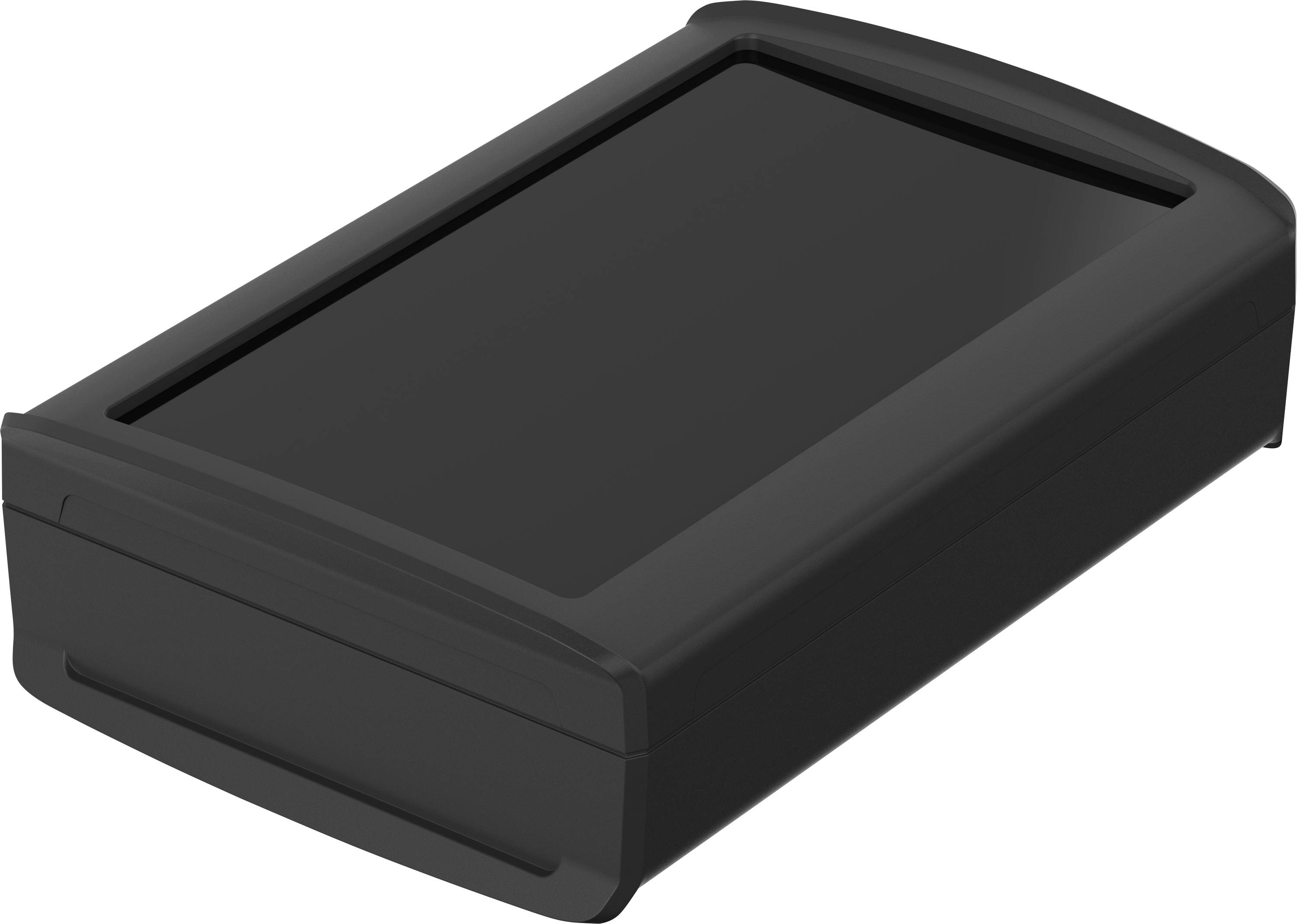 Une boîte noire rectangulaire aux bords arrondis, dotée d'un couvercle.