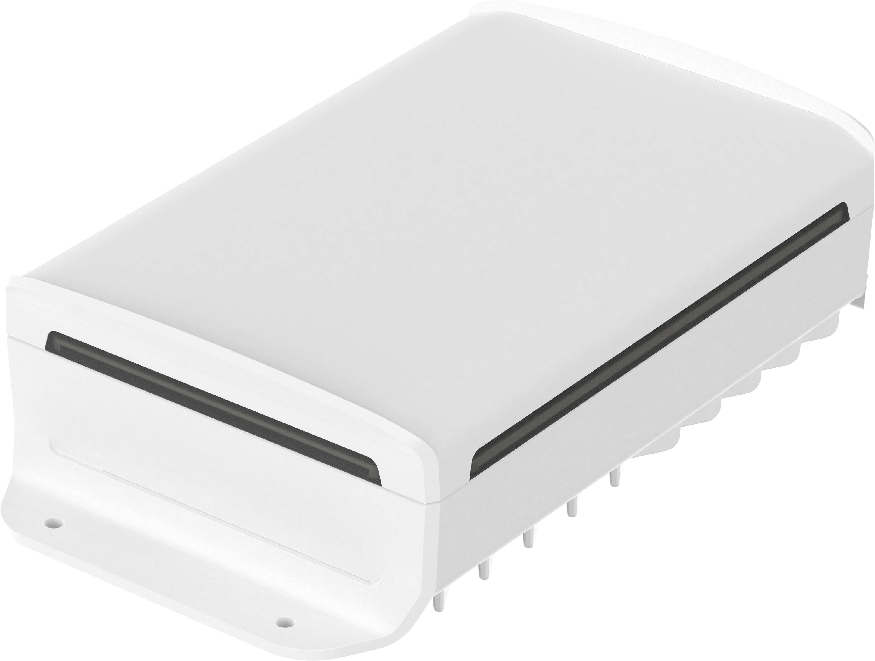 Un boîtier rectangulaire en plastique blanc avec des accents noirs et des trous de fixation sur la face inférieure, adapté pour un montage mural.