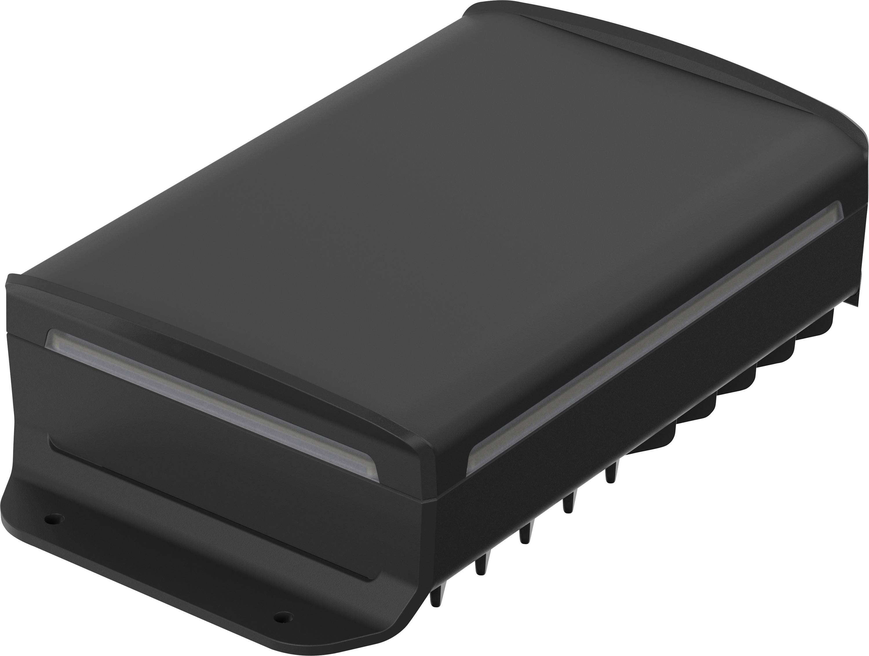 Un appareil électronique noir de forme rectangulaire avec des coins arrondis. Il dispose d'une série de ports sur sa face inférieure.