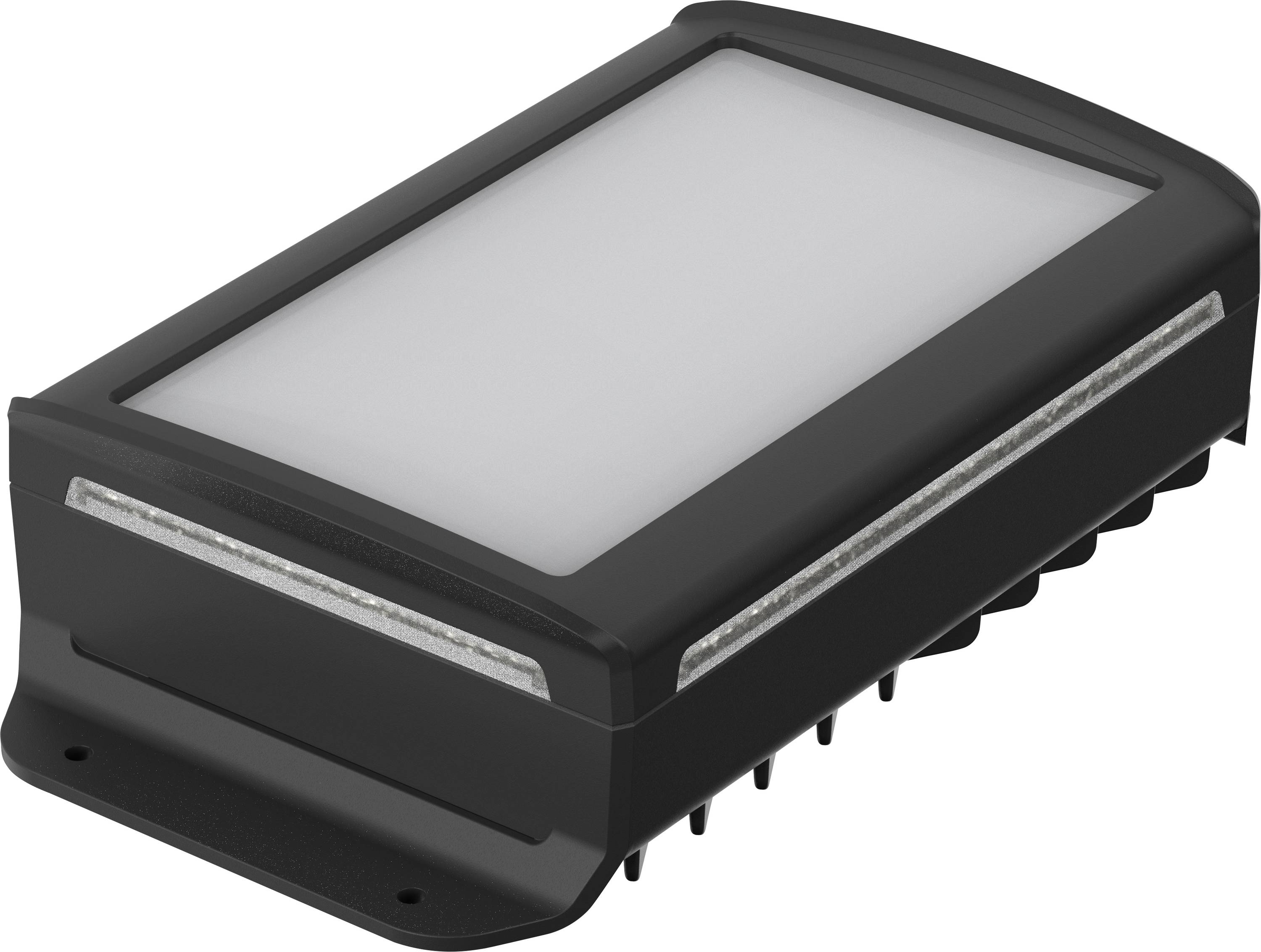 Un module lumineux LED rectangulaire, plat, noir avec une surface blanche et des détails argentés sur les côtés.
