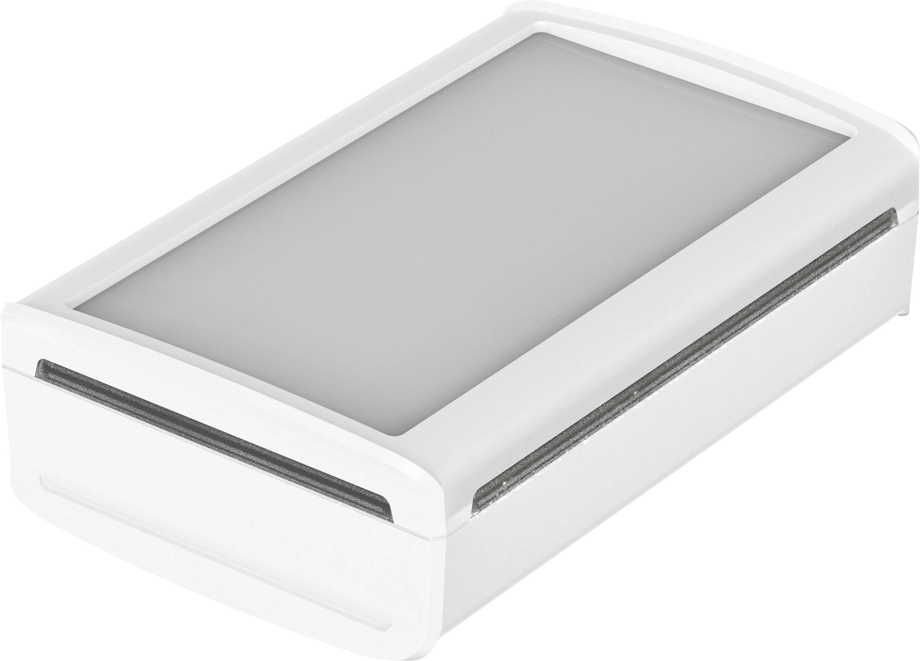 Un boîtier rectangulaire blanc avec une surface grise sur le dessus, probablement un dispositif ou un boîtier technique.