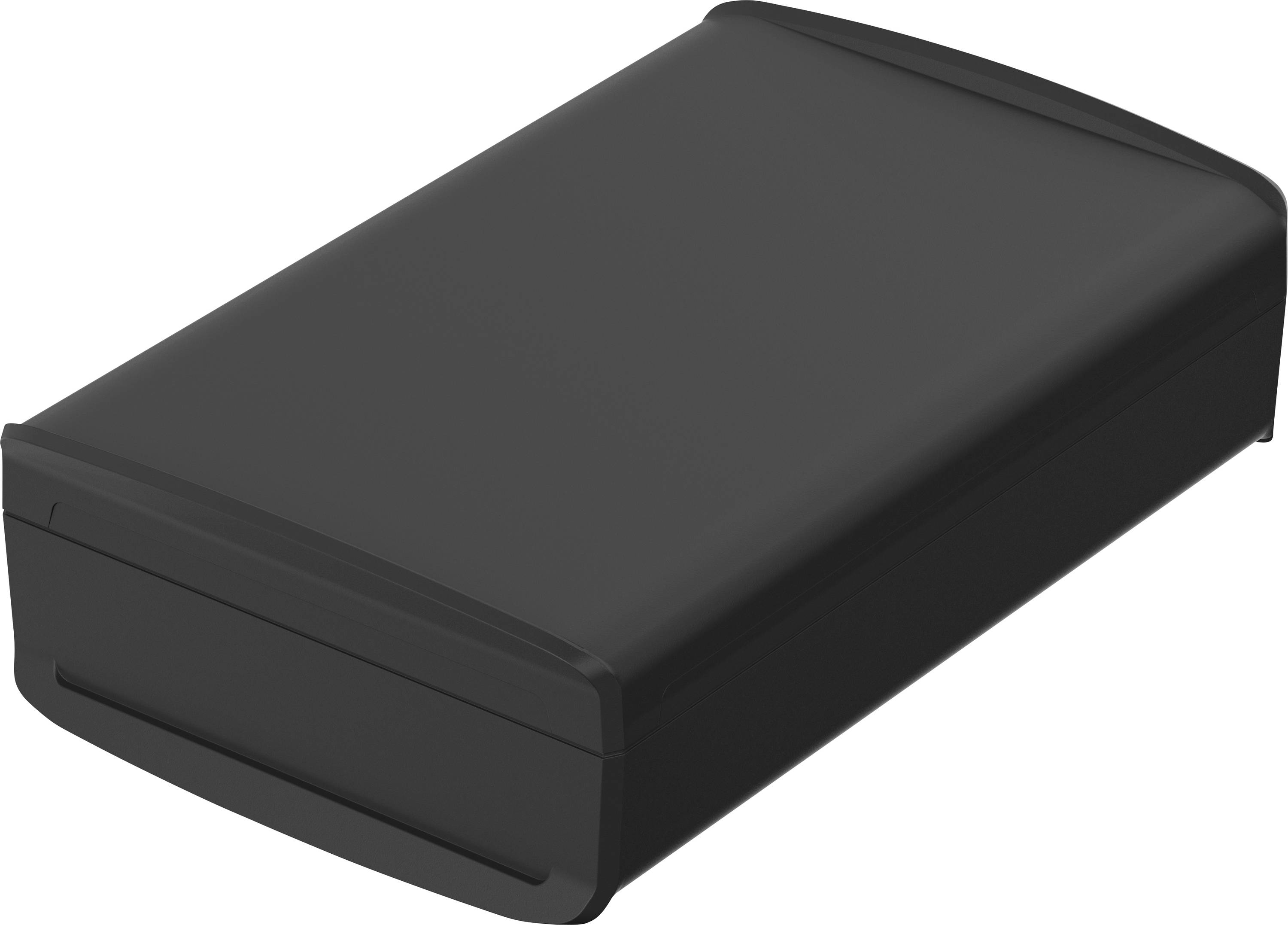 Boîtier noir en plastique de forme rectangulaire, avec un dessus légèrement incliné et des bords arrondis, sans logos ni marquages visibles.