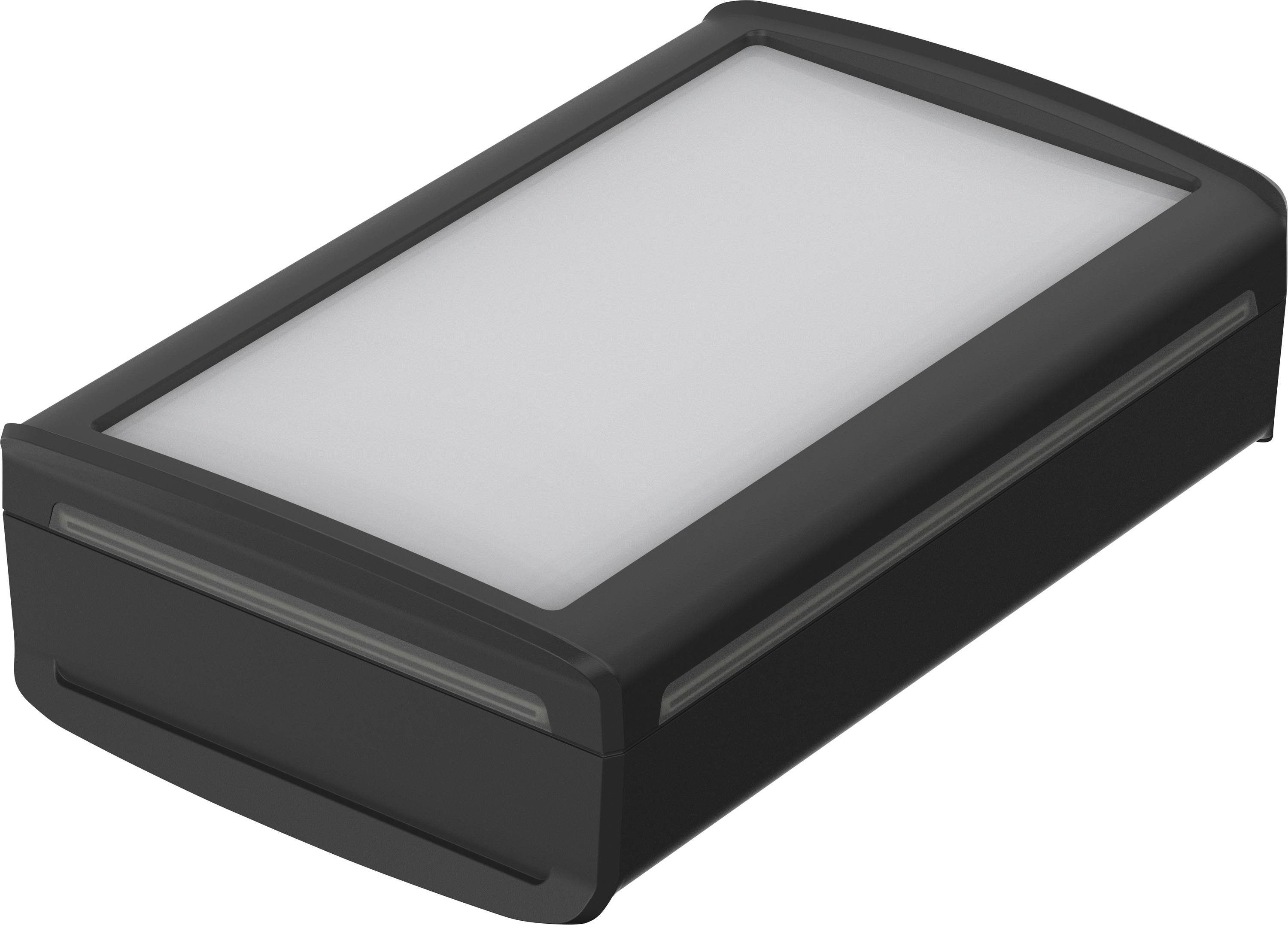 Lampe LED noire de forme rectangulaire au design arrondi ; éclairage en lumière blanche. Adaptée aux espaces extérieurs.