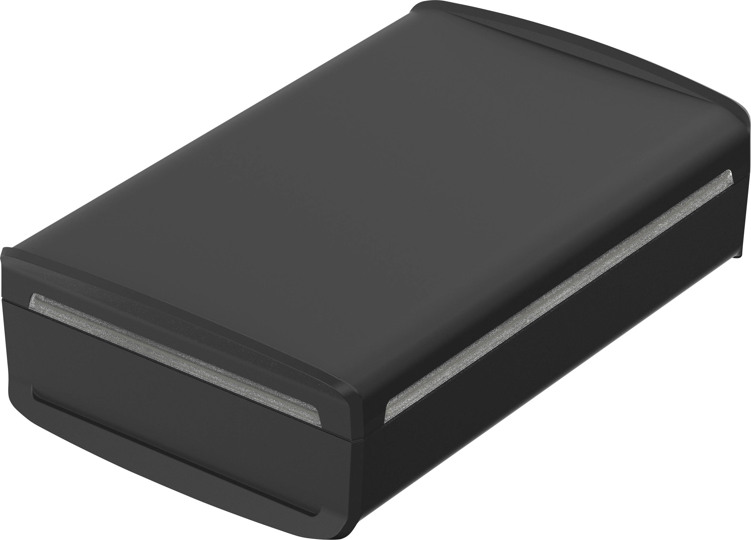 Un objet noir rectangulaire aux bords arrondis. Convient comme serre-livres ou support.