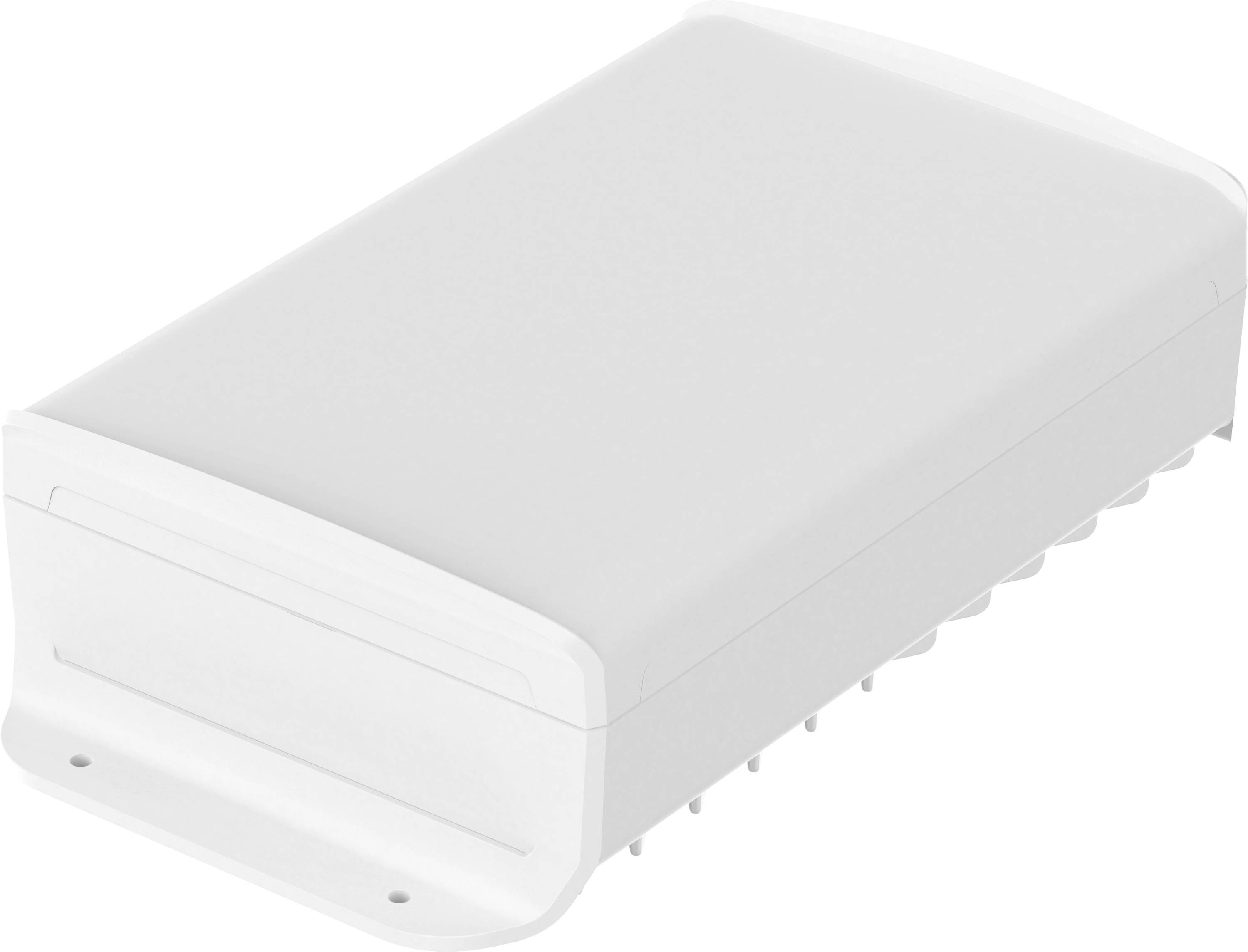 Boîte blanche rectangulaire aux coins arrondis avec des trous de fixation à la base.