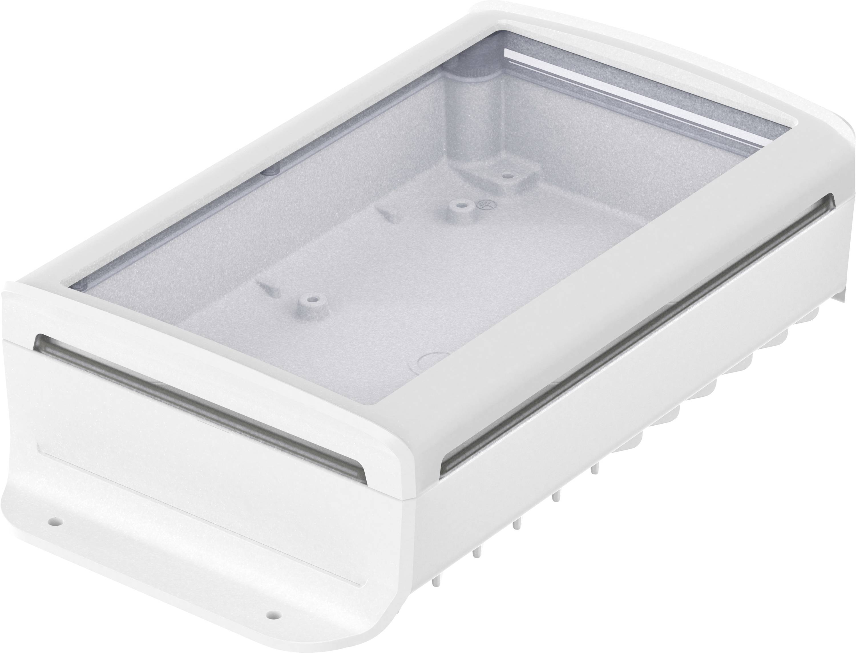 Un boîtier électronique blanc rectangulaire avec un couvercle transparent et des trous de fixation, adapté aux applications météorologiques.