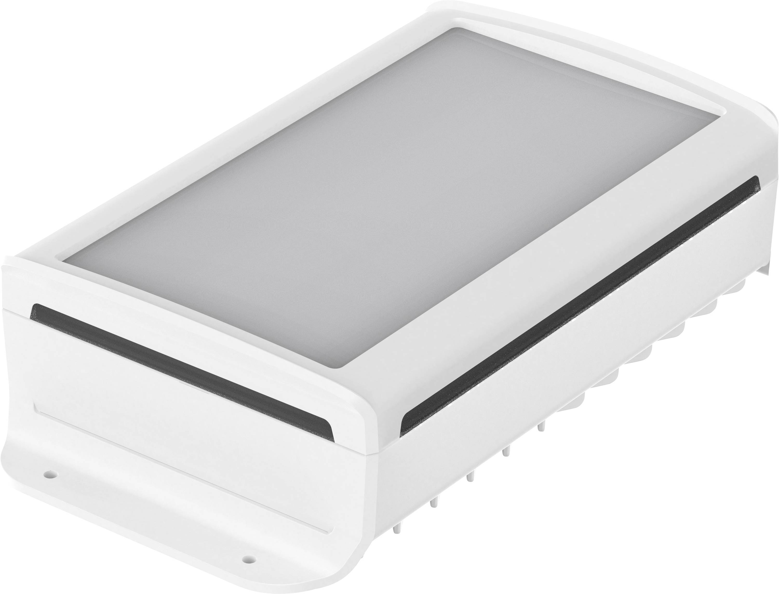 Un boîtier rectangulaire blanc aux coins arrondis, probablement un appareil technique ou un luminaire.