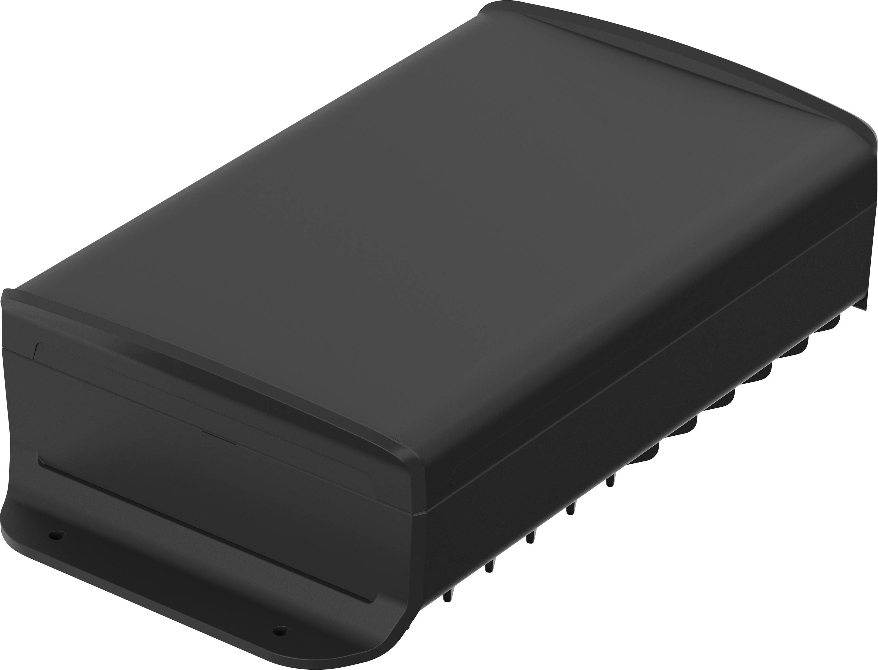 Un appareil électronique noir rectangulaire avec un dessus légèrement bombé et des fentes de ventilation sur la face inférieure.