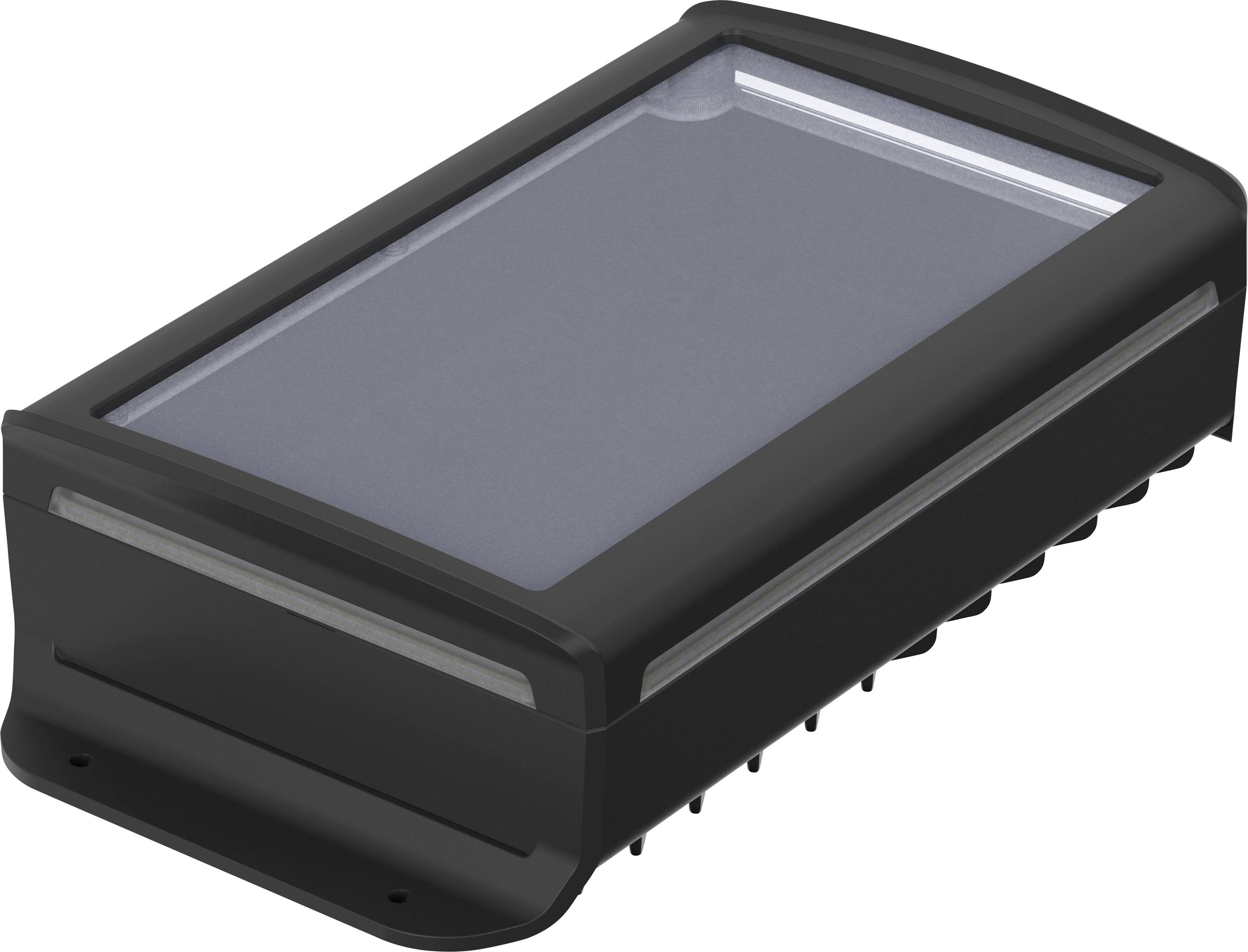 Un boîtier rectangulaire noir aux bords arrondis, avec un couvercle transparent. Probablement un appareil électronique.