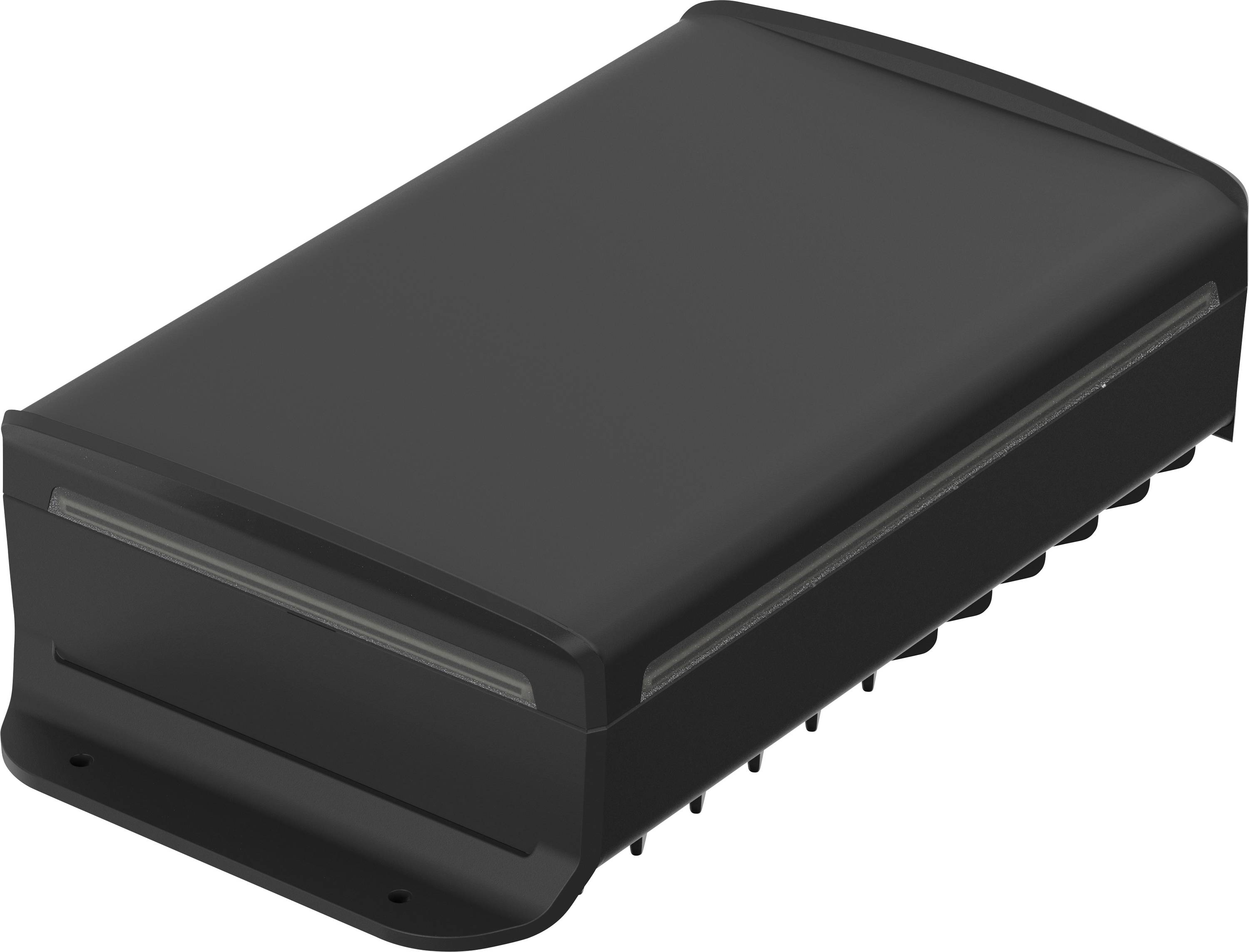 Un appareil rectangulaire noir aux bords arrondis, ressemblant à un routeur ou à un équipement électronique.