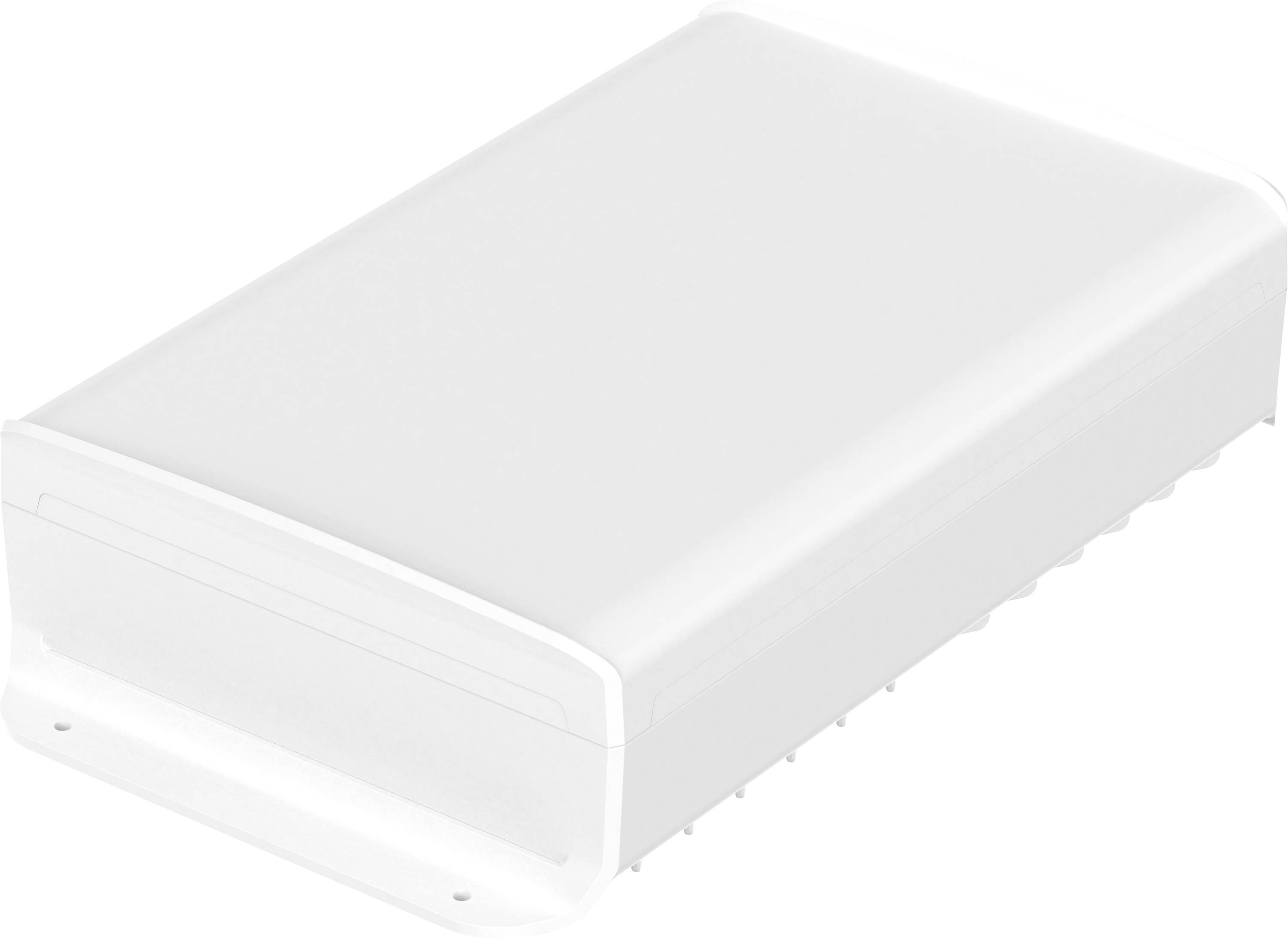 Un boîtier rectangulaire blanc avec des bords arrondis et une surface marquée sur le côté.