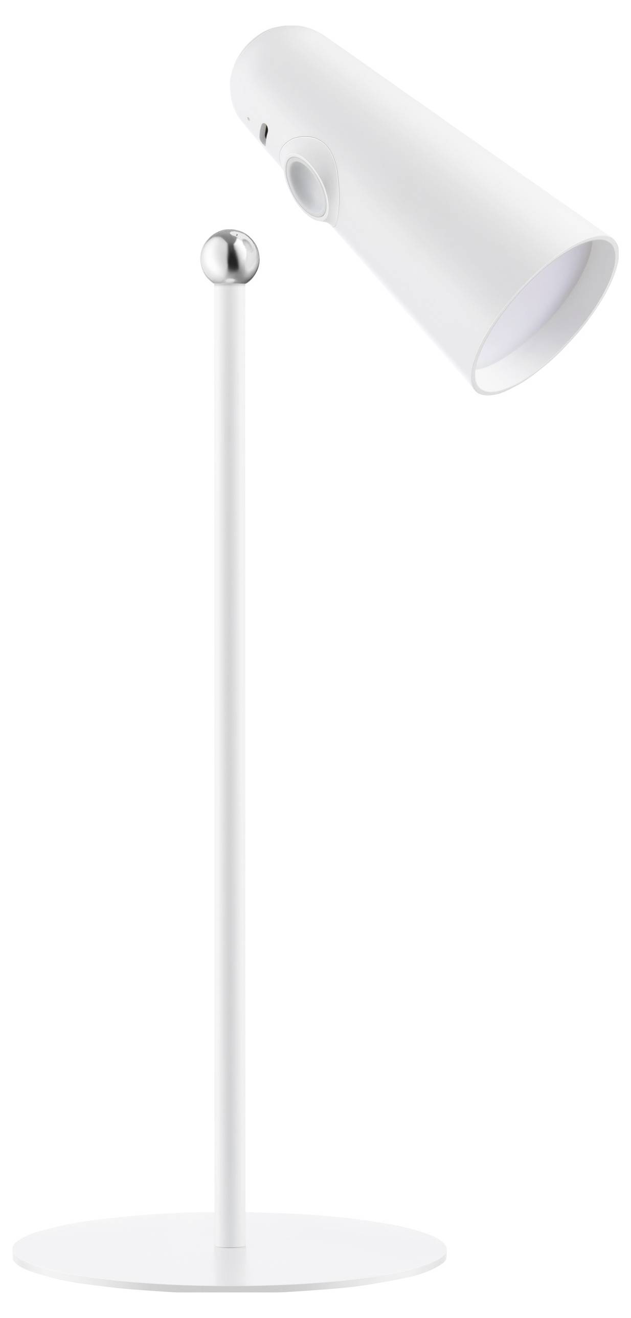 Lampe de table blanche, moderne, au design minimaliste avec une tête pivotante sur un support élancé.
