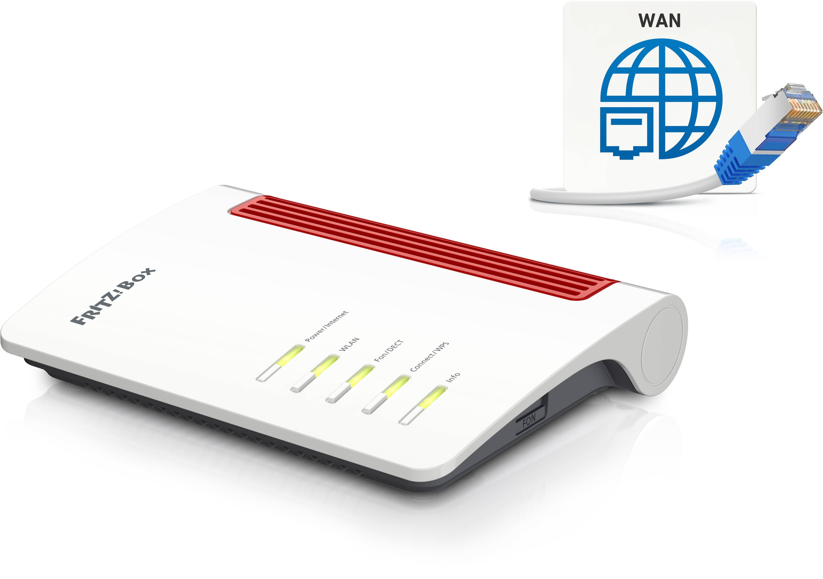 Un routeur blanc avec des éléments rouges, étiqueté 'FRITZ!Box'. En arrière-plan, un symbole de connexion Internet (WAN) avec une prise.