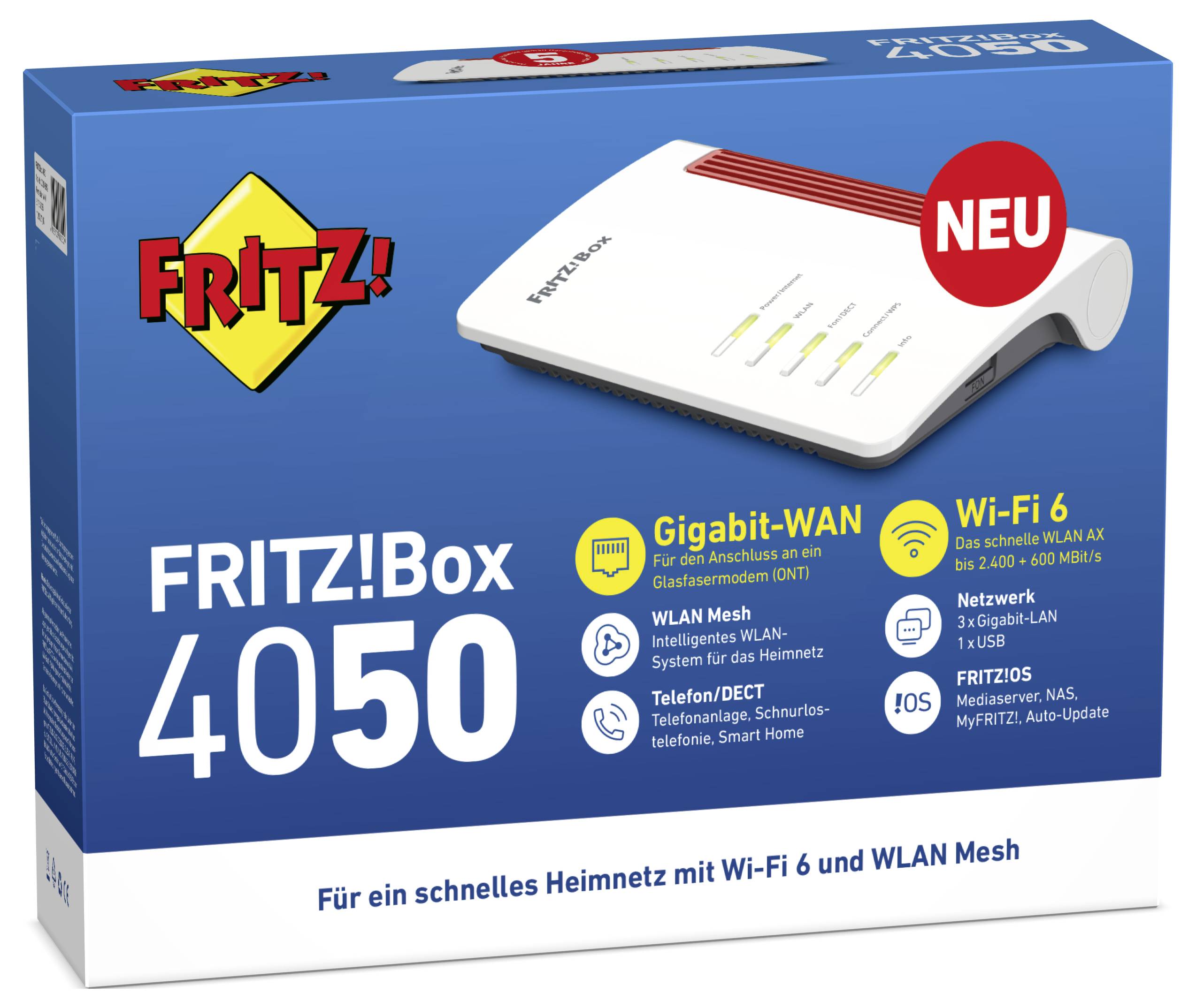 Emballage d'un FRITZ!Box 4050. Routeur compatible Wi-Fi 6 pour un réseau domestique rapide. Contient des indications sur les fonctionnalités et la connectivité.