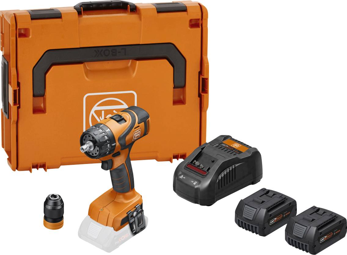 Ensemble de visseuse sans fil avec mallette, chargeur et deux batteries. Comprend une visseuse sans fil orange et des accessoires sans identification de marque visible.