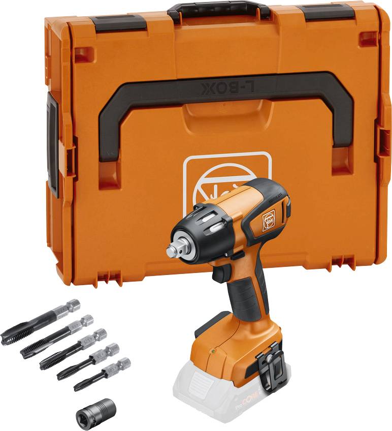 Ensemble de visseuse à chocs sans fil en orange. Comprend une visseuse à chocs sans fil, un coffret et différents embouts pour les travaux de vissage.