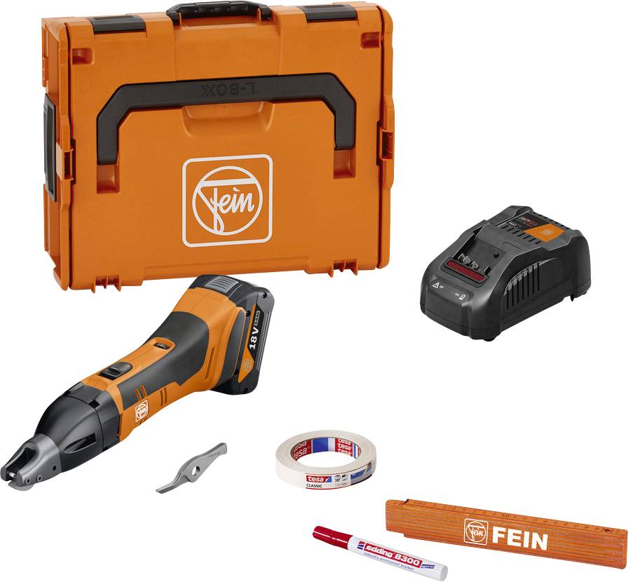 Ensemble de valise FEIN orange avec visseuse à chocs sur batterie, chargeur, lame de rechange, ruban adhésif, marqueur et étui de protection sur fond blanc.