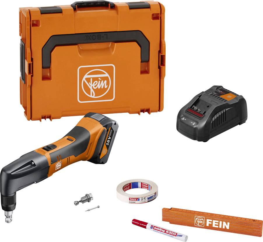 Un outil multifonction orange de Fein avec mallette, batterie, chargeur, lames de scie, règle et marqueur, adapté aux travaux de bricolage.