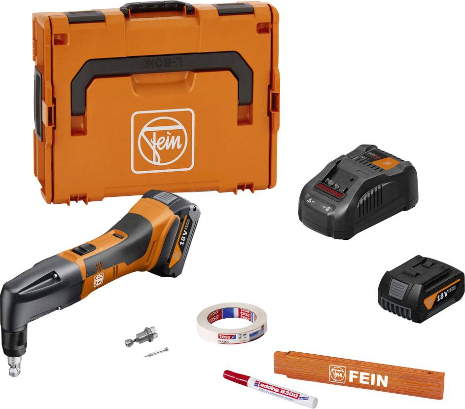 Coffret multifonction de Fein : boîte à outils orange, outil multifonction oscillant, batterie, chargeur, accessoires.