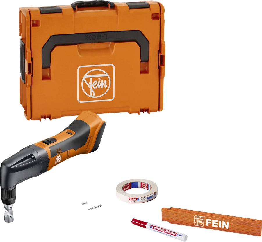 Boîte à outils orange 'Fein' avec multifonction, deux vis, ruban adhésif, règle et marqueur. Utilisable dans la construction ou la réparation.