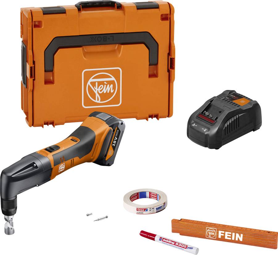 Un ensemble comprenant un outil multifonction orange, un chargeur de batterie, un coffret de transport, du ruban adhésif, une règle, un stylo et deux vis.