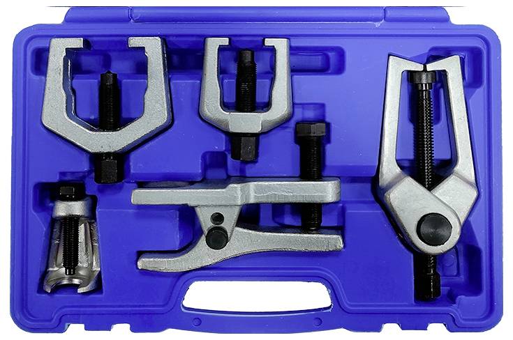 'Ensemble d'outils dans un boîtier bleu comprenant différents extracteurs et serre-joints, adapté aux réparations automobiles et aux travaux de montage.'