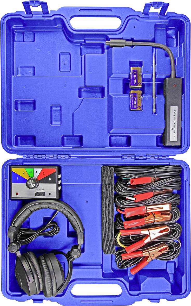 Étui en plastique bleu contenant des écouteurs, un appareil de diagnostic et des câbles. Accessoire de diagnostic automobile avec fonction de test de batterie.