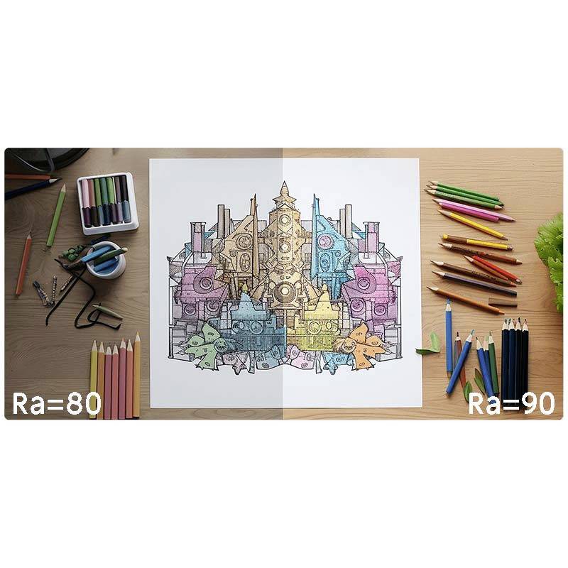 L'image montre un dessin en couleur, éclairé dans deux zones : à gauche avec une valeur CRI (Ra) de 80, à droite avec un CRI de 90. Autour du dessin se trouvent des crayons de couleur et une plante.