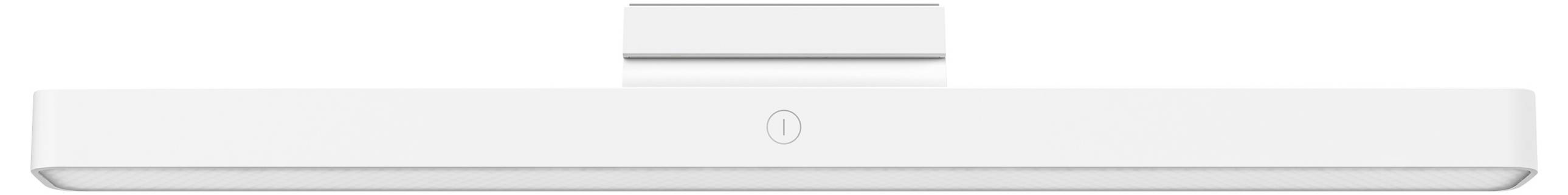 Un applique murale LED blanche au design élégant et fin, avec un interrupteur central, idéale pour l'éclairage d'œuvres d'art ou de miroirs.