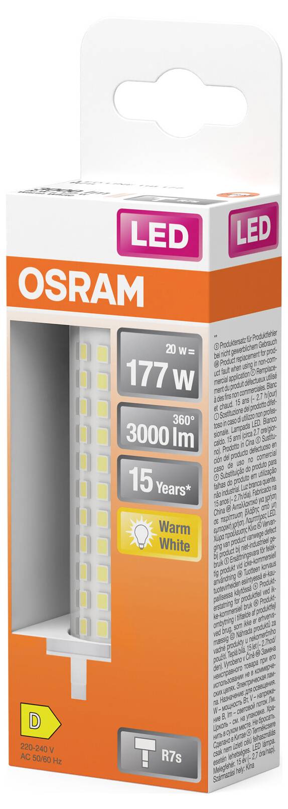 Une lampe LED de la marque Osram dans son emballage. Caractéristiques : 20 watts, équivalent 177 watts, 3000 lumens, 360°, 15 ans, lumière chaude.