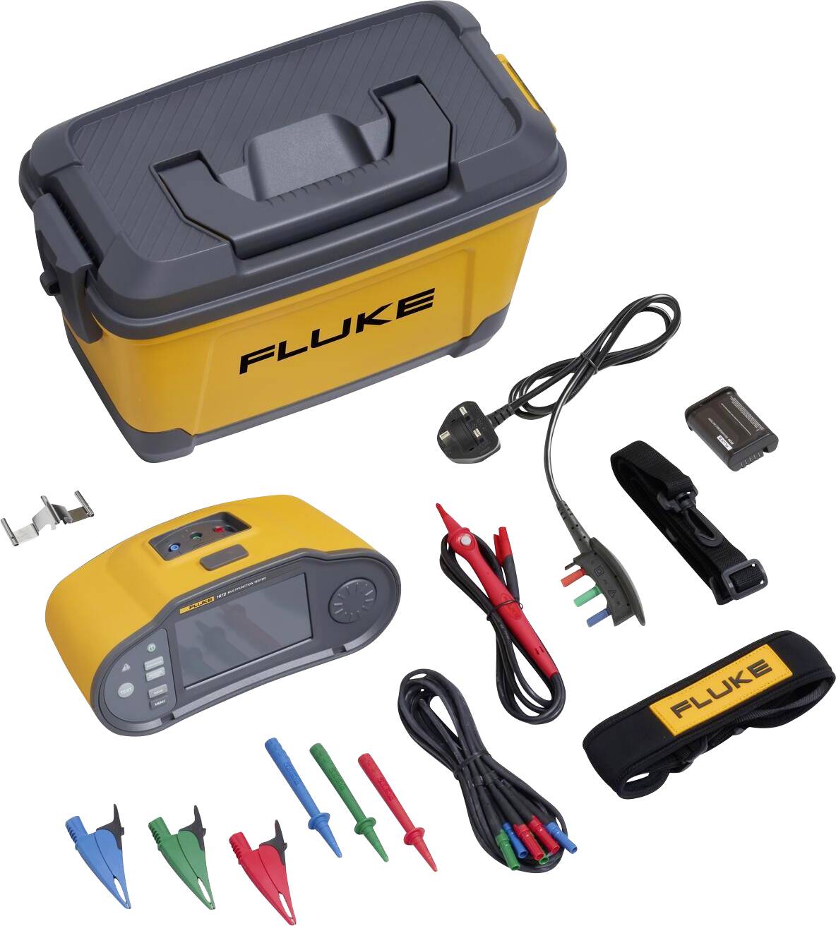 Ensemble de multimètres jaune et noir avec accessoires, comprenant des câbles et des pinces. Le mot 'Fluke' est inscrit sur le boîtier.