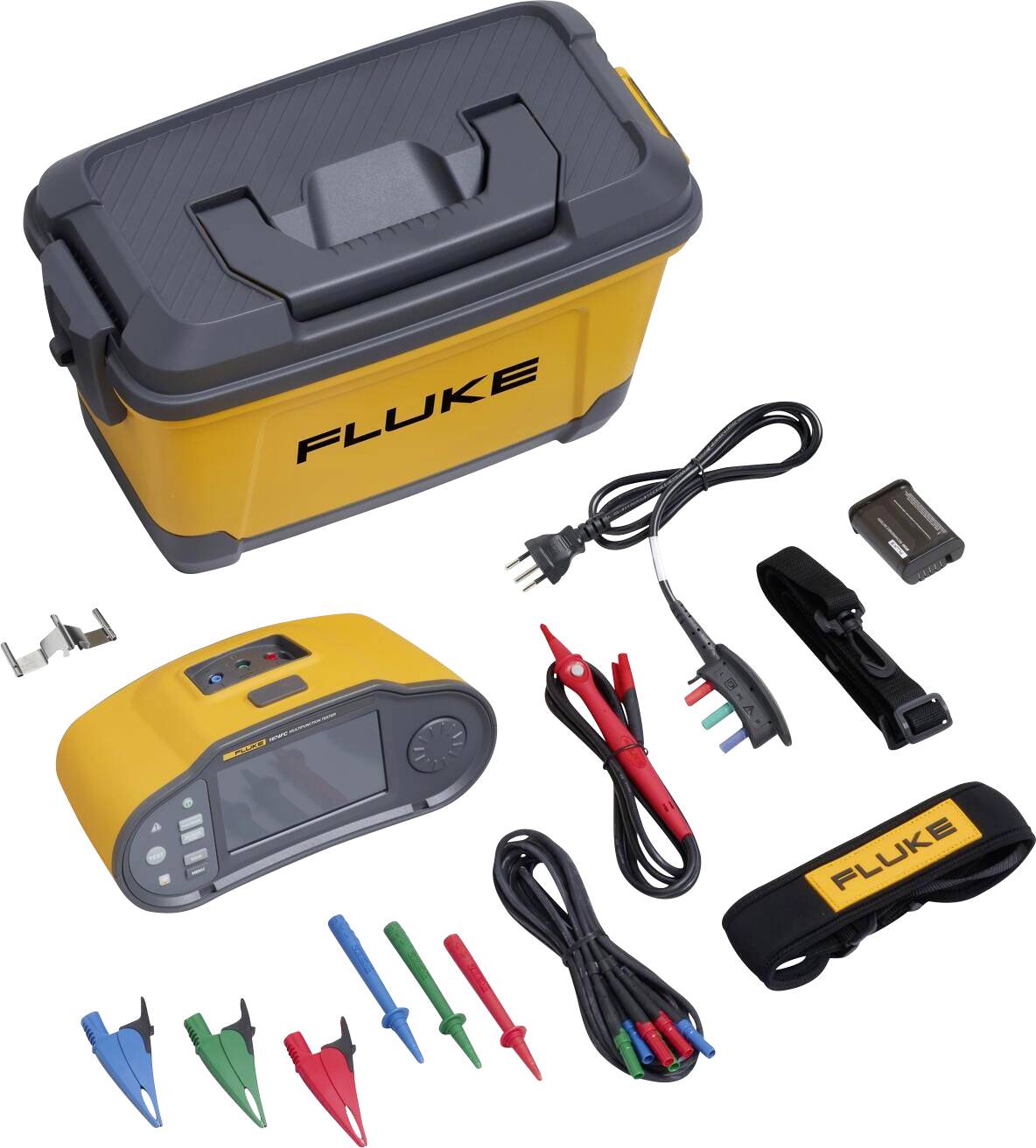 Un ensemble de multimètre Fluke jaune avec câbles, mallette de transport et accessoires, adapté aux tâches de mesure et de test électriques.